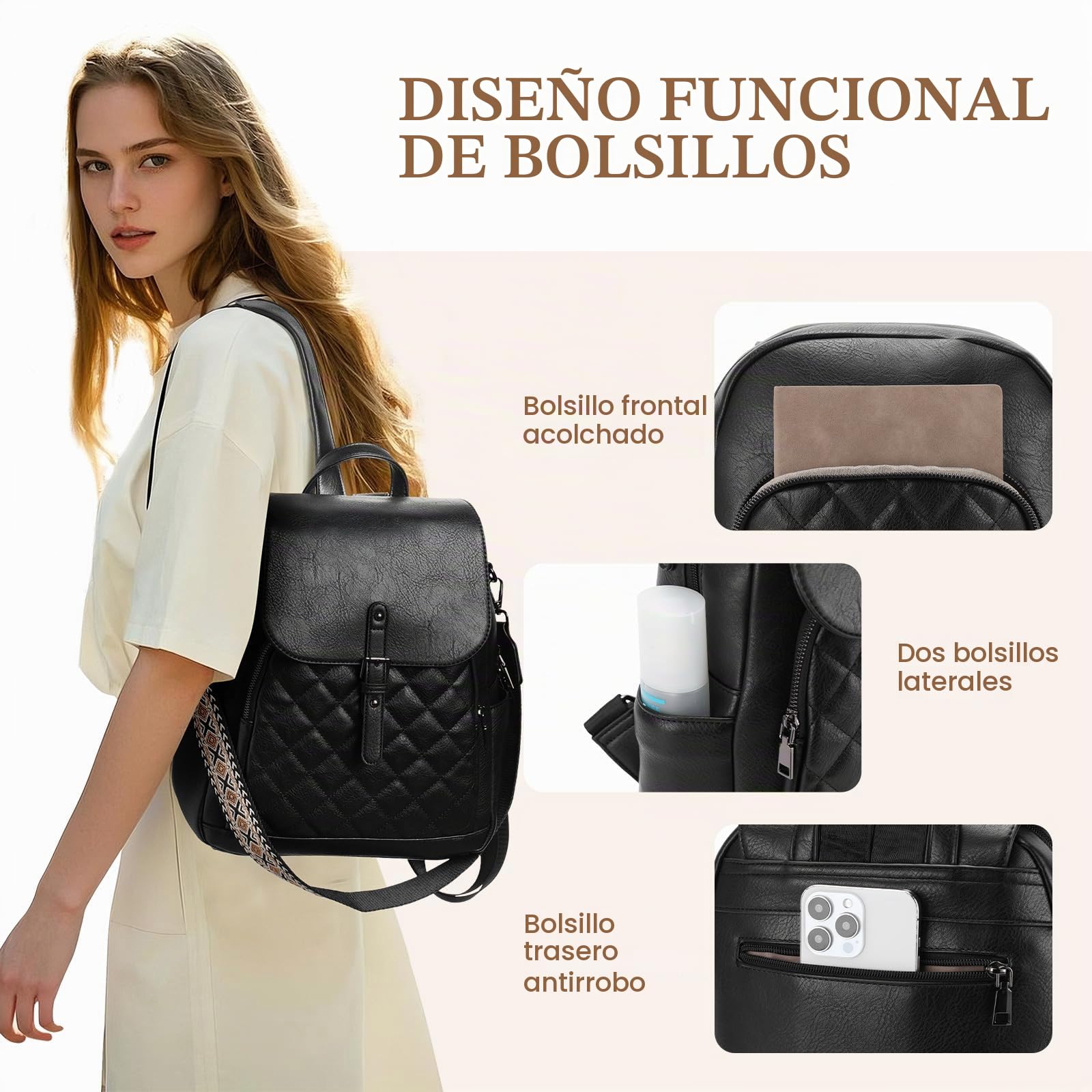 Chase Chic Bolso Mochila Mujer, Mochila de Cuero Pu Impermeable Mochila Antirrobo Bolsos de Hombro Bandolera Casual para Trabajo, Escuela y Viaje, Negro