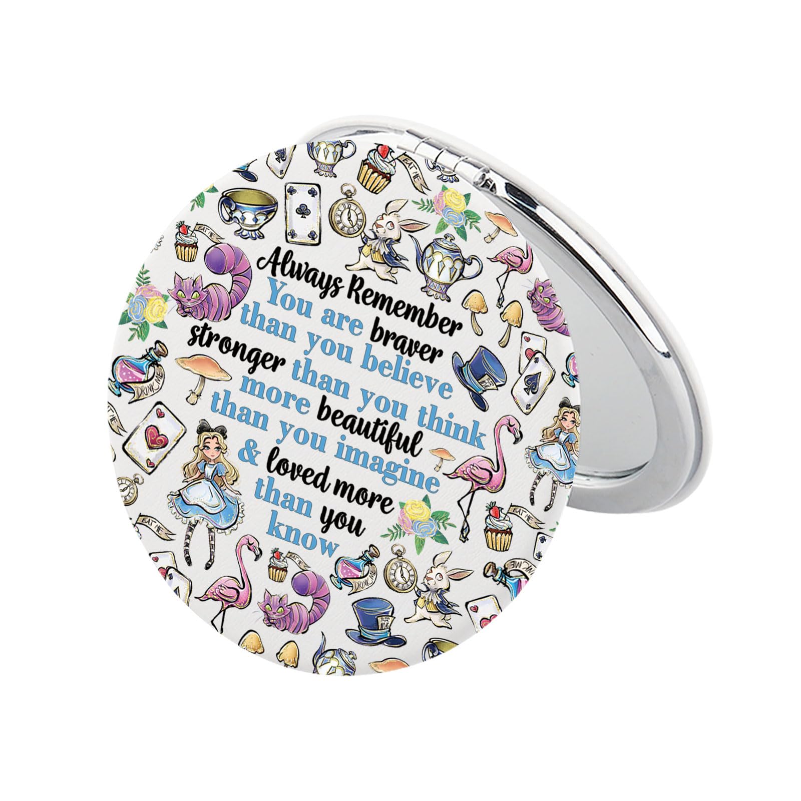KEYCHIN Alice Fans Pocket Mirror Alice Fairy Tales Gift Always Remember You are Braver Stronger Smarter Than You Think Compact Makeup Mirror for Women Girls Teenagers (Alice-White)