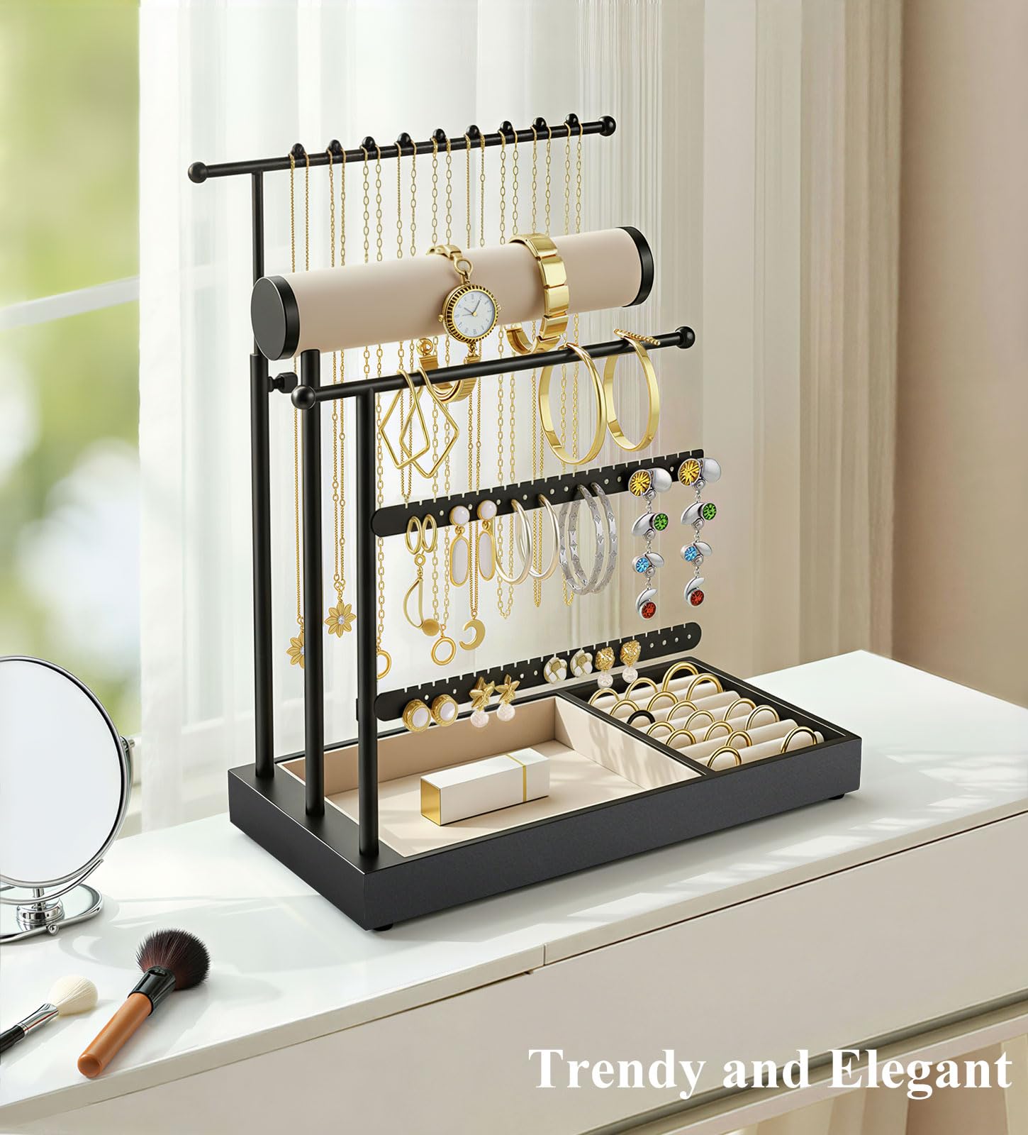 Emibele Necklace Holder, Jewelry Organizer Stand with Velvet Tray, Jewelry Organizer Tower for Earrings, Bracelets and Necklaces, Elegant Necklace Tower Accessory Storage Gifts for Women, Black