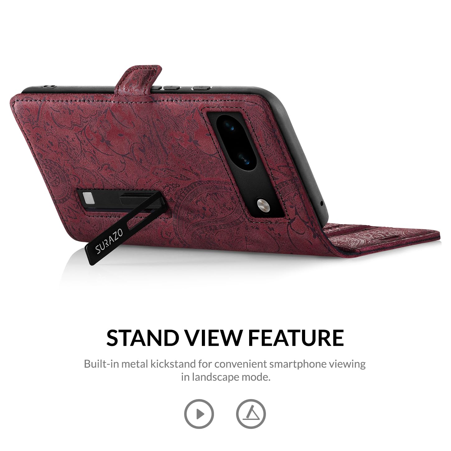 SURAZO Slim Magnetic Mobile Phone Case For Google Pixel 8a - Flip Wallet Case, Leather, Burgundy Ornament, Floral Pattern, Book-style With Stand & Magnetic Closure