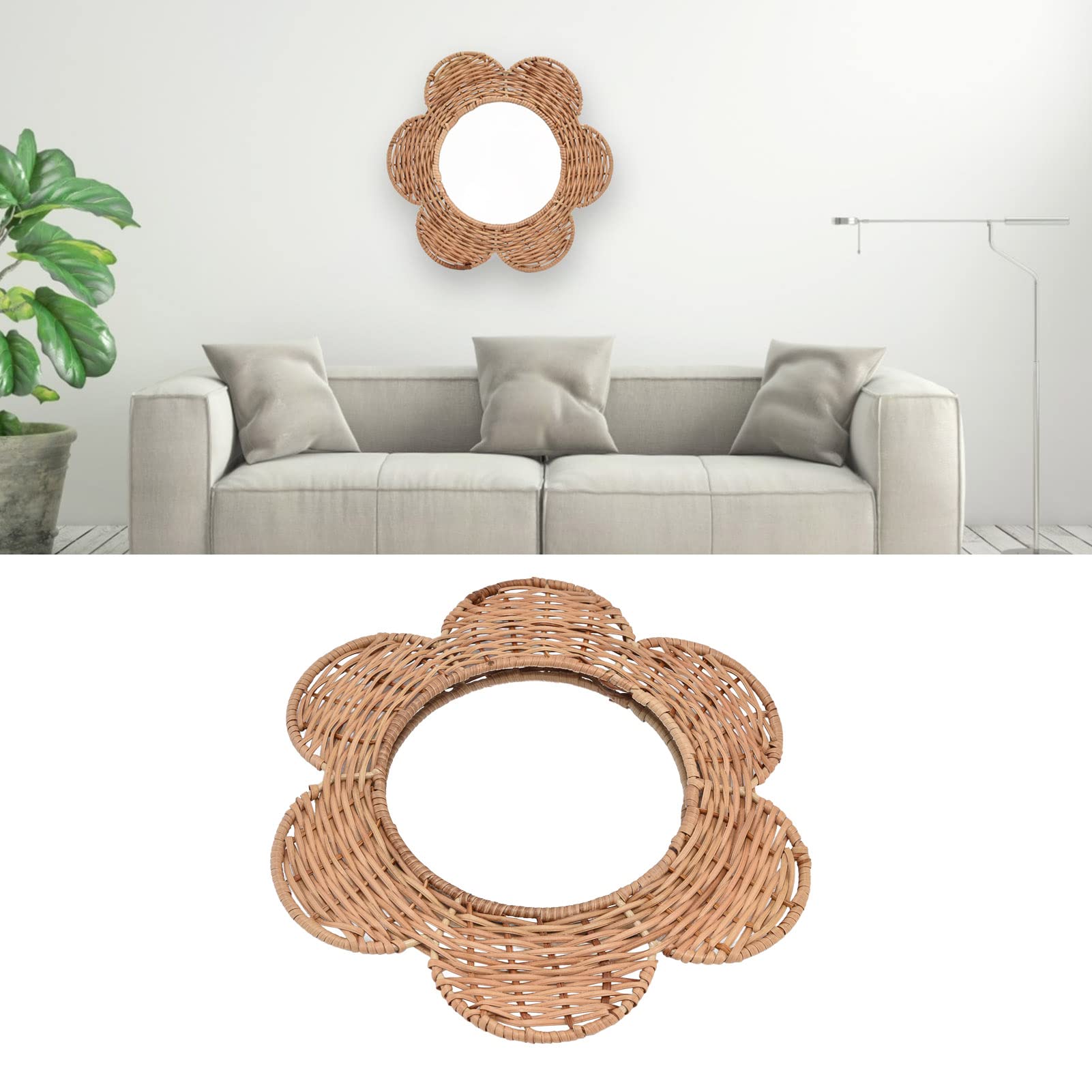 BORDSTRACT Miroir Mural Rond Suspendu, Miroir Mural en Rotin Naturel, Décoration Murale Miroir Cosmétique Fleur en Osier pour Salon Chambre Salle de Bains (28,5 X 25,5 cm)