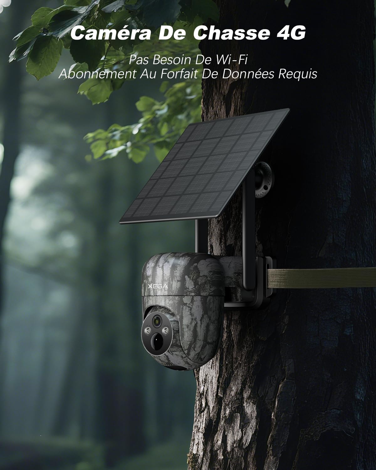 Xega Caméra de Chasse PTZ Solaire 4G Extérieure avec Carte SIM sans WiFi | 2K 3MP, Batterie Intégrée Autonome, Détection Personnalisée, Projecteur & Sirène, Alerte APP, Abonnement Requis