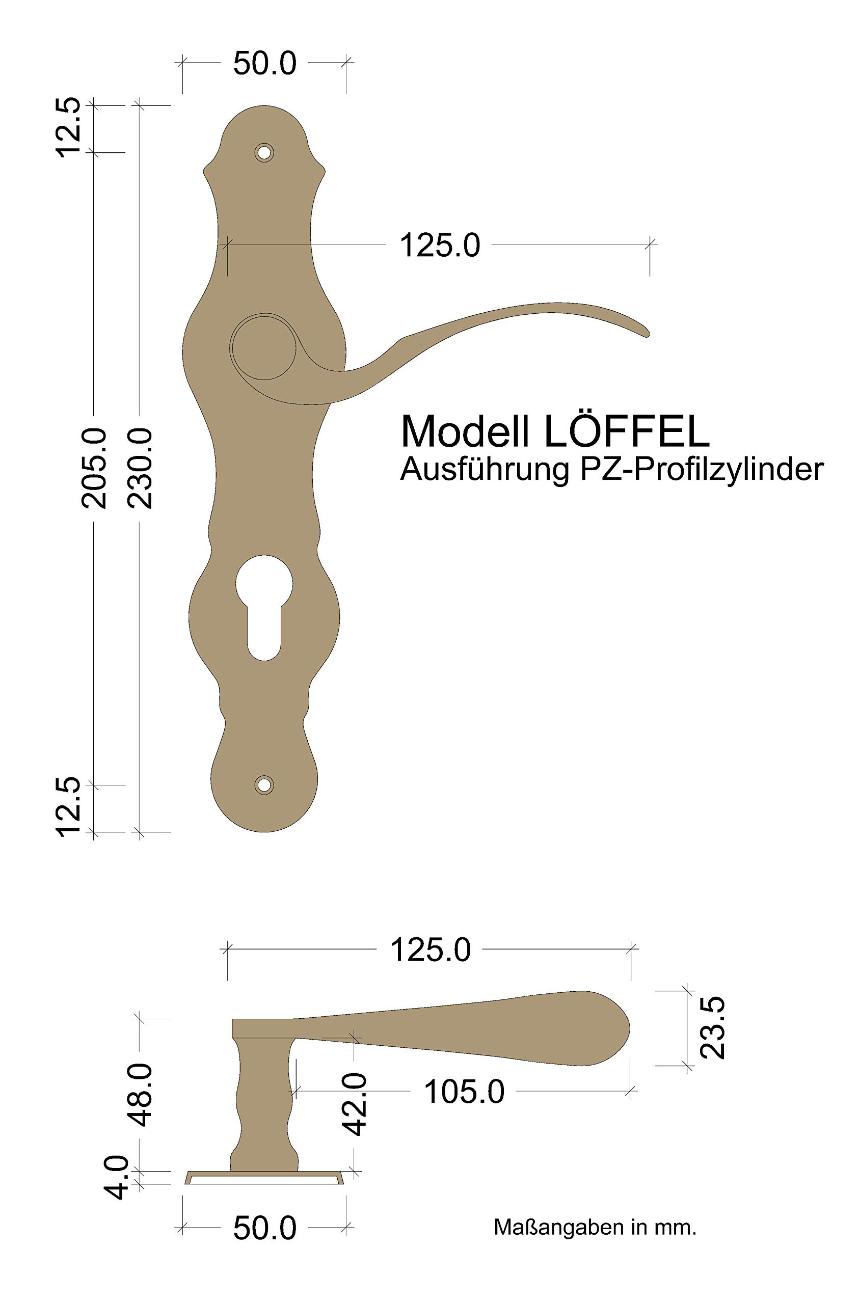 Gedotec Manilla Puerta Interior Placa - LÖFFEL Tirador de Cerradura Cilindro con Placa de Latón para Puerta de Entrada, Cocina, Hogar - Juego de Manillas y Pomos de Puerta de Madera de 35 a 47 mm