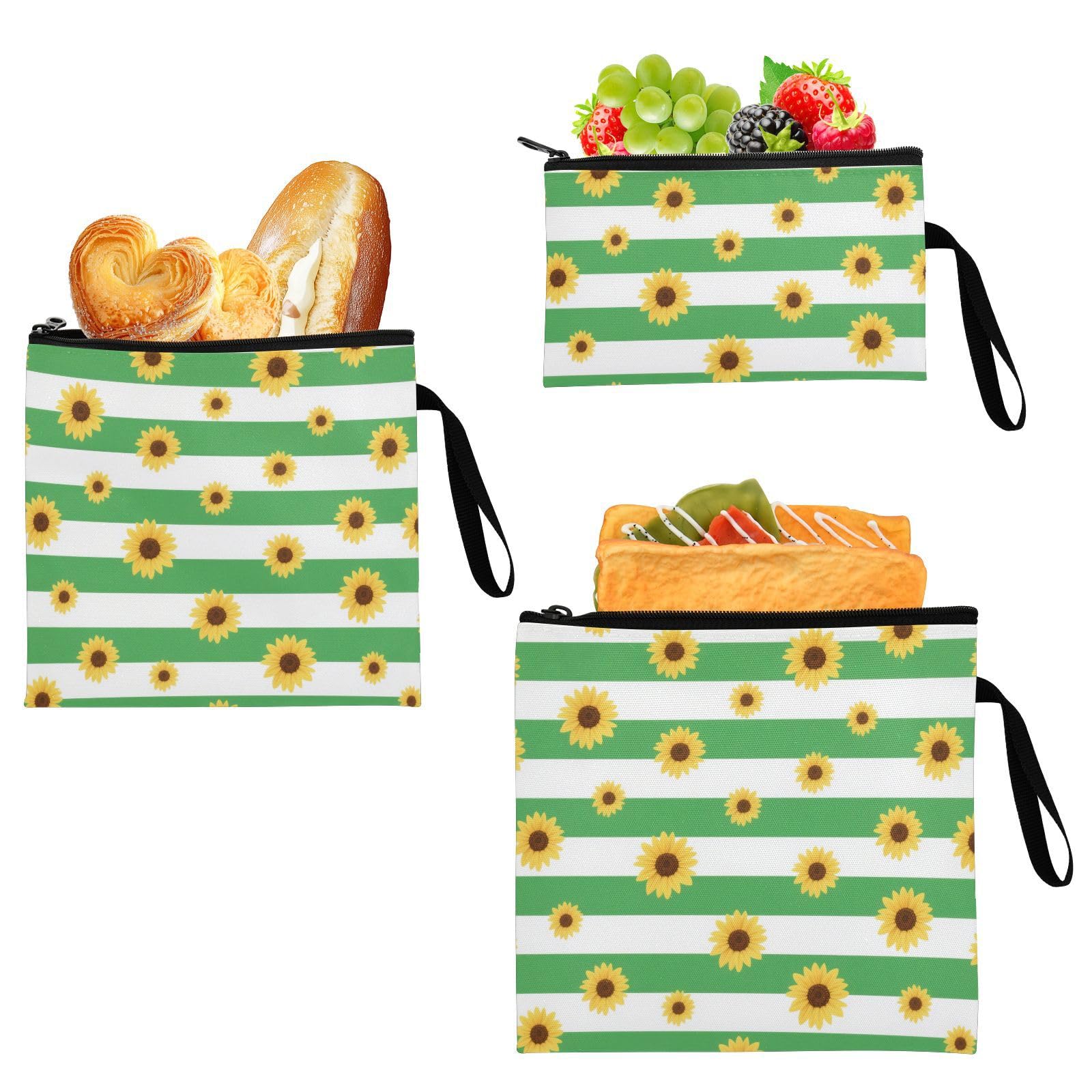 Yoogain Green White Striped Sunflower Pack of 3 Reusable Sandwich Bags Waterproof Food Storage for Candy, fruits, Cereal, Home Organization