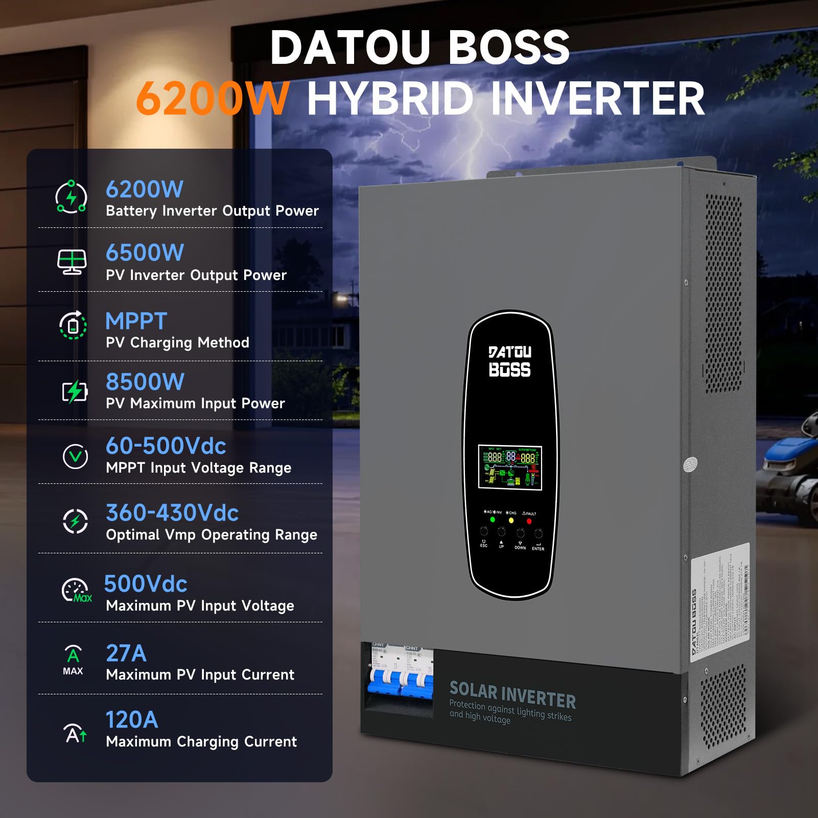 DATOUBOSS Inversor de Corriente Solar híbrido de 6000W,48V CC a 230V CA, inversor de Onda sinusoica Pura,120 A MPPT,Entrada fotovoltaica de 8000W,IP54 y admite Varias Unidades en Paralelo