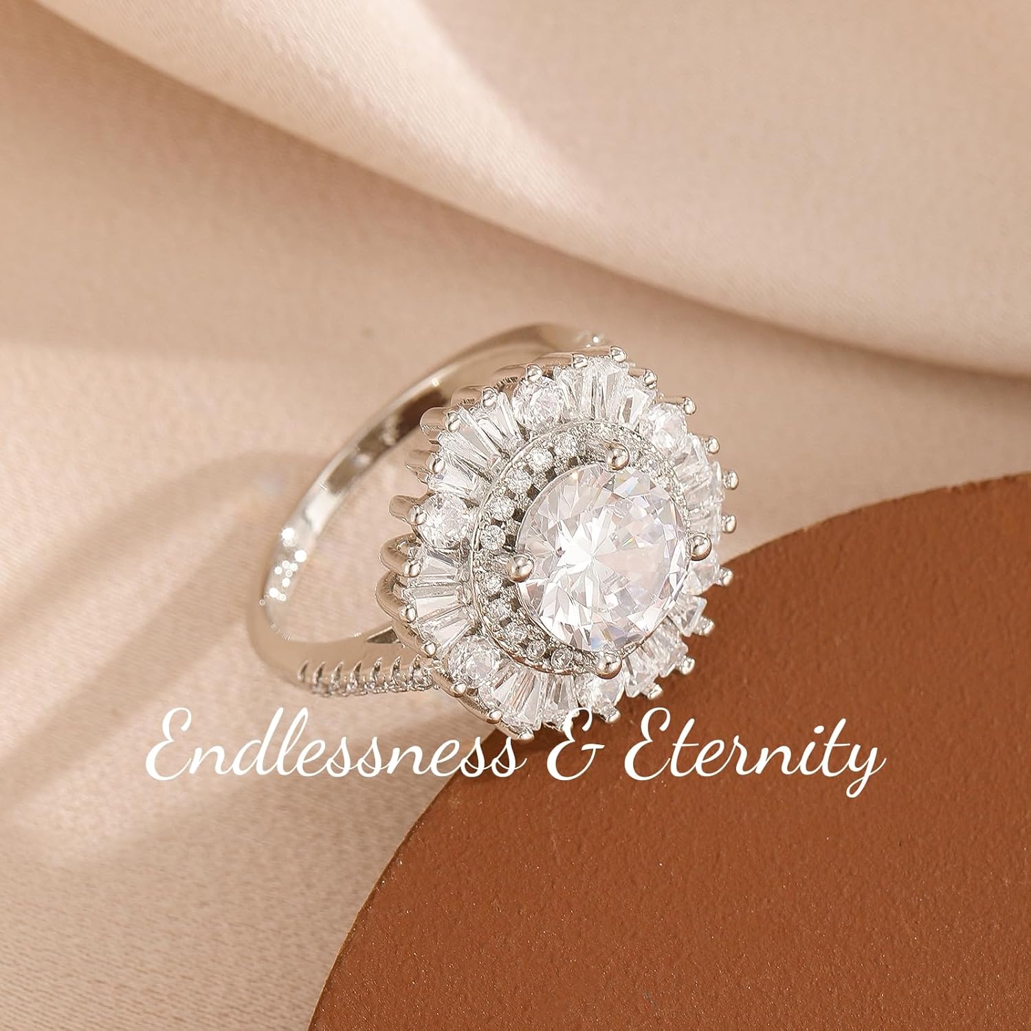 ENDLESSNESS & ETERNITY Large Sunflower Half Eternity Simulated Diamond 14K White Gold Plated Wedding Band Ring Cubic Zirconia Engagement Promise Ring Gift for Women - Image 5
