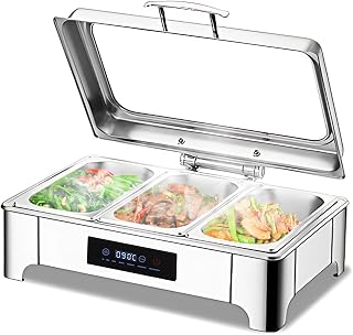 Chafing Dish Elektrisch 9L, Catering Warmhaltebehälter Smart-Temperaturanpassung, Rechteckiger Chafing Dish Set Speisenwärmer mit Sichtbarem Glasdeckel (B, 1/3 PAN)