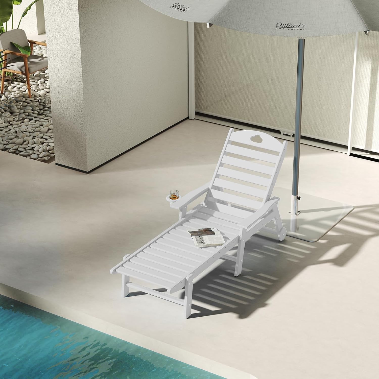 Pool Lounge Chair Outdoor, HDPE Oversize Chaise Lounge Outdoor Chair with Wheels and Cupholder, 6-Position Adjustable, for Pool, Patio, Lawn, Garden, Poolside (White, 1)