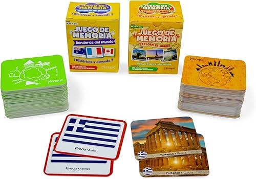 Miniatura 4 de Menique Paquete de juego de memoria español  Banderas del Mundo + Explora el Mundo  200 cartas, 100 pares  Banderas, capitales y lugares icónicos