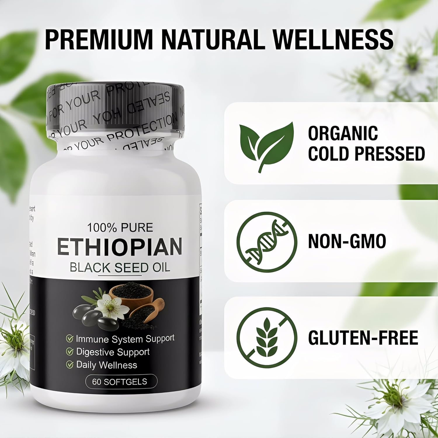 Ethiopian Black Seed Oil Capsules,Organic Cold Pressed Black Seed Oil Capsules,Immune Support & Digestion & Energy Booster, Non-GMO, Gluten-Free, 60 Softgels