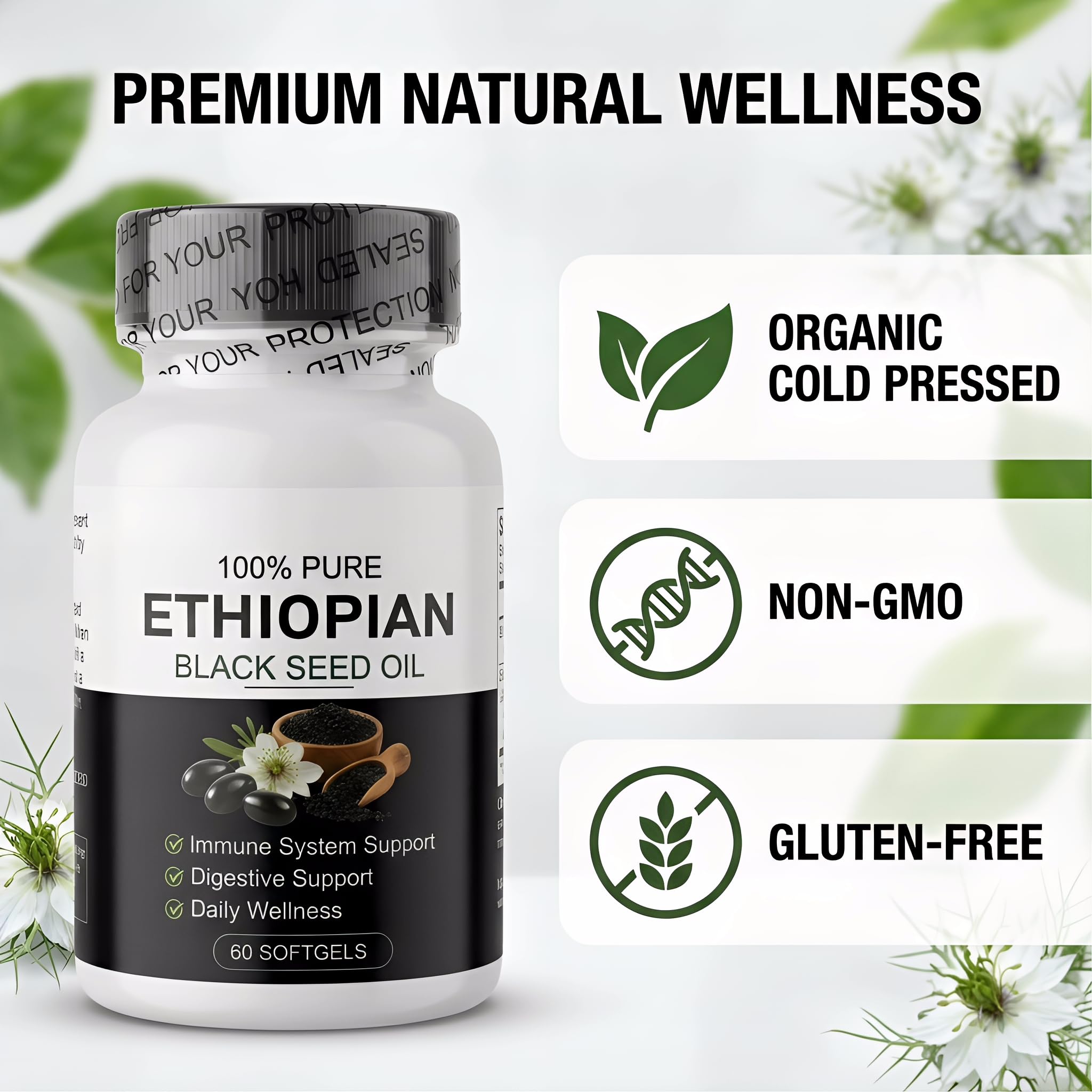Ethiopian Black Seed Oil Capsules,Organic Cold Pressed Black Seed Oil Capsules,Immune Support & Digestion & Energy Booster, Non-GMO, Gluten-Free, 60 Softgels — Amazon image 3