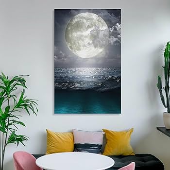 Amazon.co.jp: 絵画 満月の下の海インテリア 絵画 きらきら輝く
