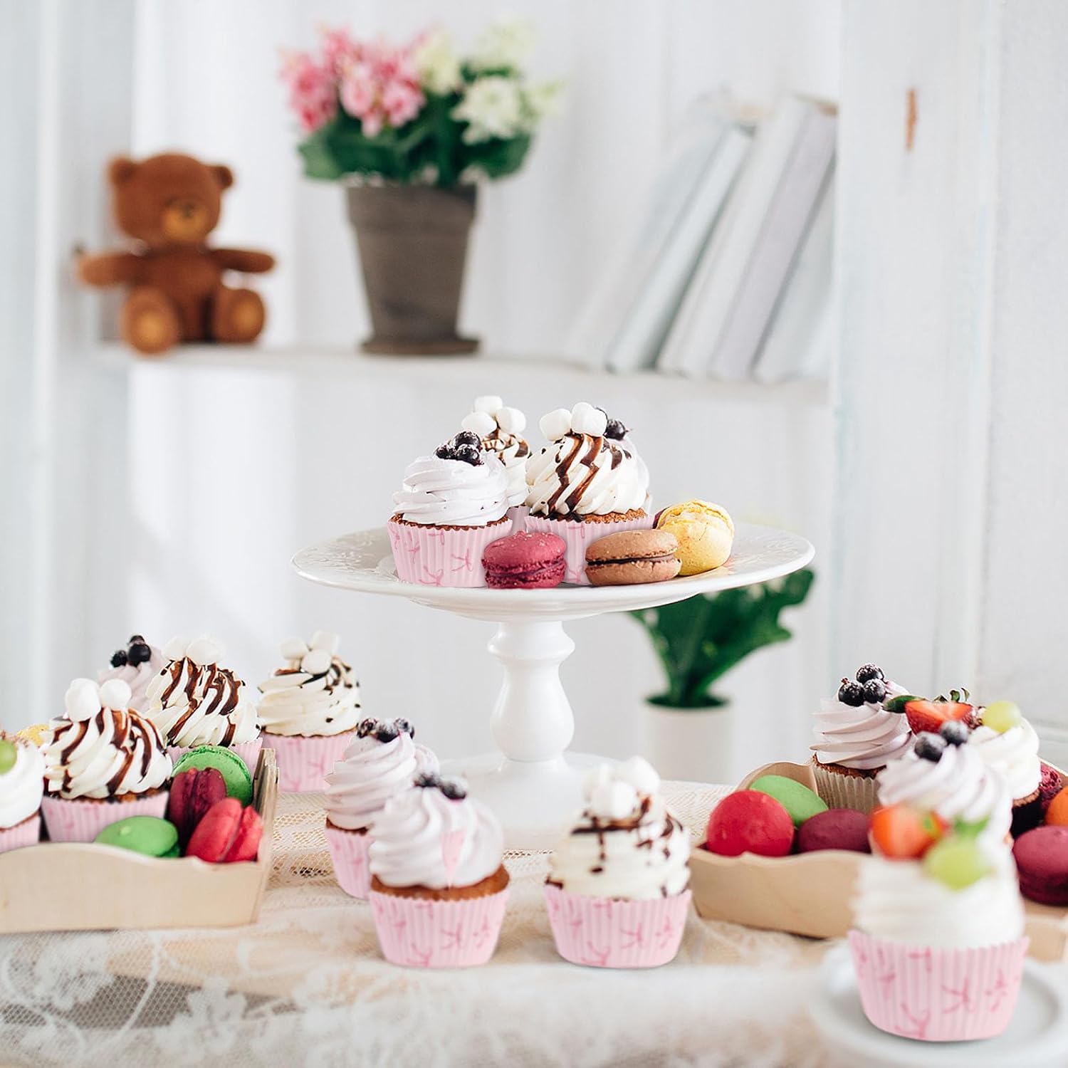 600 Pieces Pink Bow Cupcake Liners, 2.71" Non-Stick Bowknot Cupcake Wrappers, Standard Paper Baking Muffin Cups, for Birthday Bridal Shower Wedding Party Supplies (600 Pieces Pink)