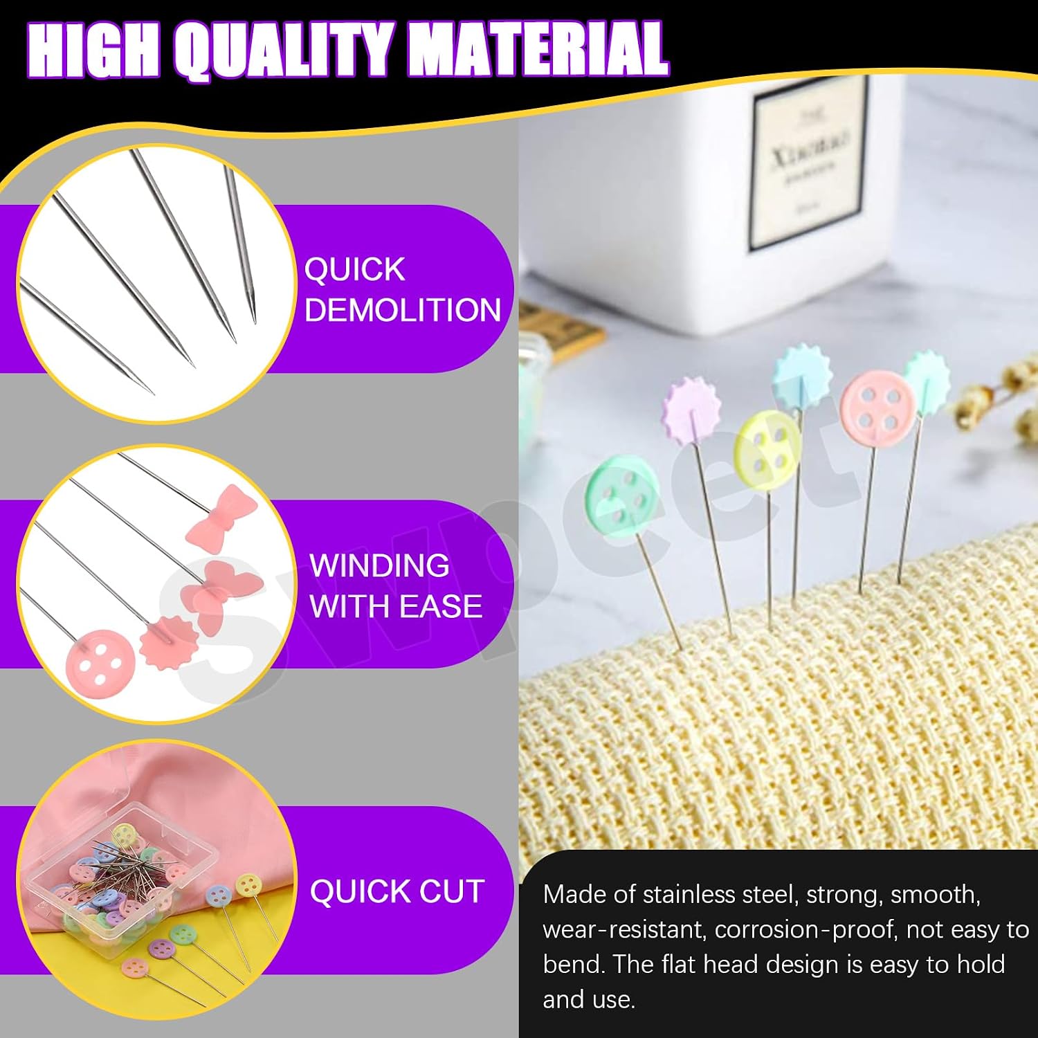 Swpeet 261Pcs Sewing Flat Head Pins Set Contains 200Pcs Butterfly, Plum Blossom, Button, Bow Tie Head Pins, 50Pcs Mixed Colors Sewing Clip, 10Pcs 4 Colors Tailors Chalk, 1Pc Measuring Tape for DIY