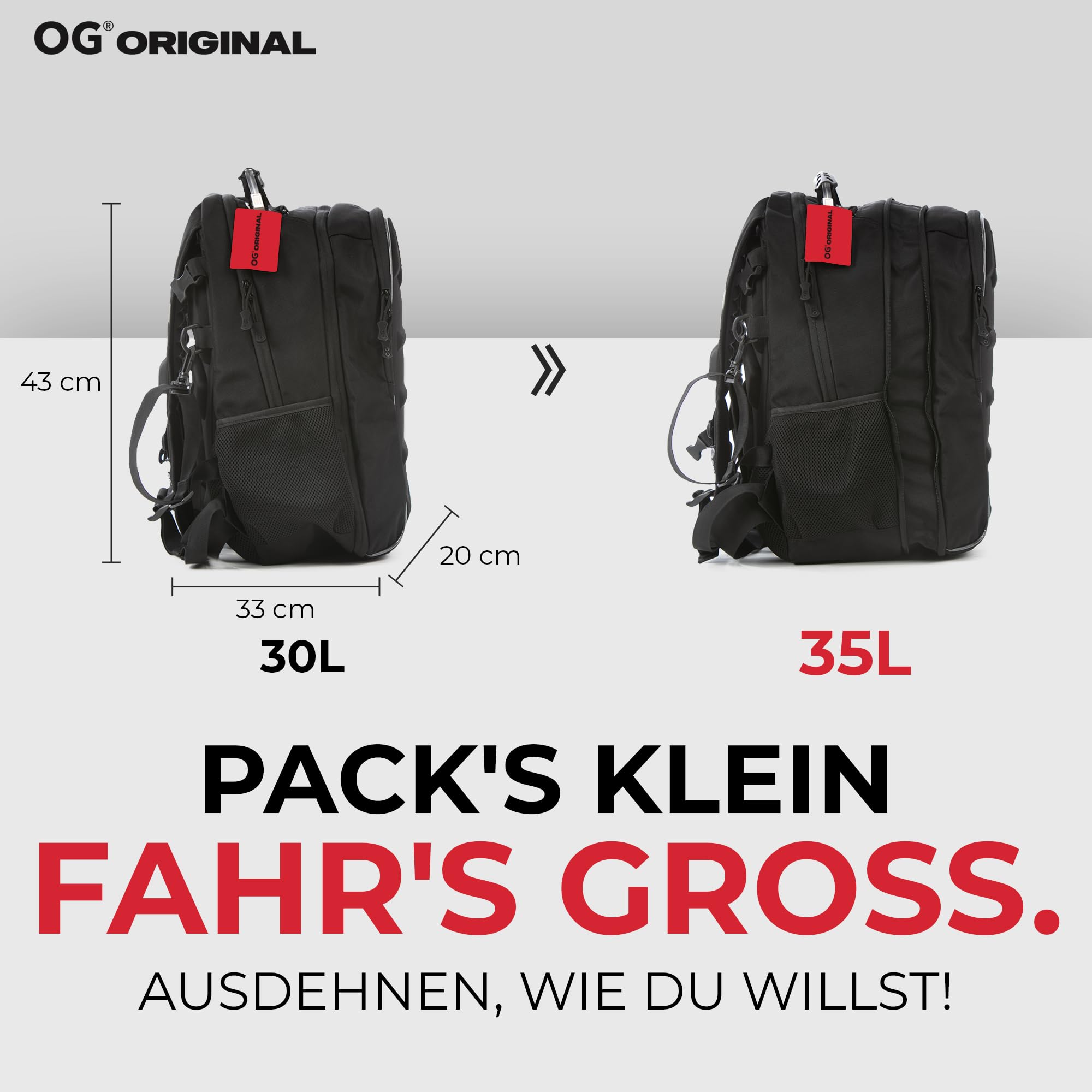 OG Original CityRunner Motorrad Rucksack, Wasserdicht Erweiterbar 30-35L, Helmtasche, Motorradfahrer, Helm-Trageriemen, Hohe Kapazität, Laptopfach, Reflektierend