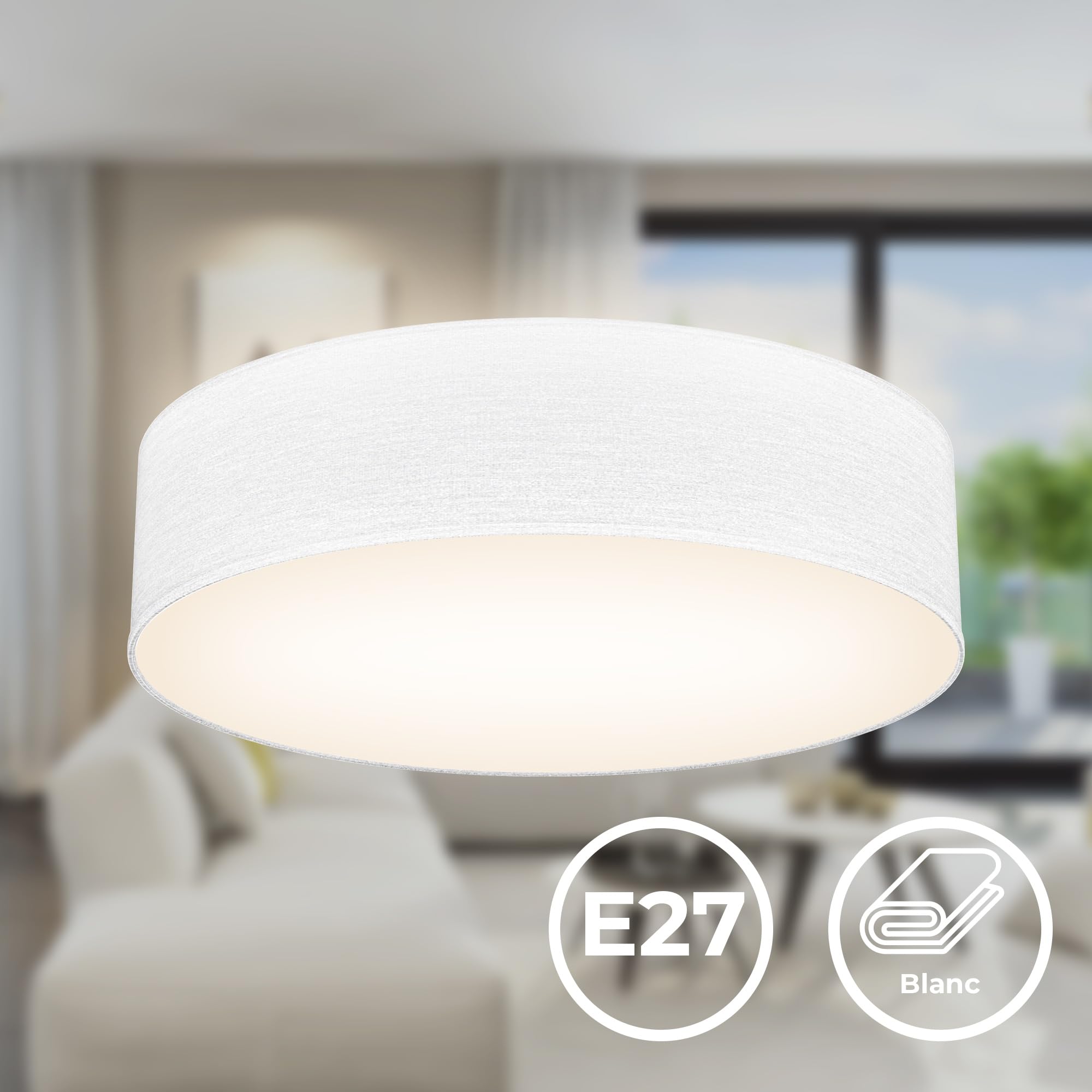 B.K.Licht - Plafonnier avec abat-jour en tissu, douille E27, max. 40 watts, lustre salon, lustre chambre, luminaire plafonnier, lampe cuisine, plafonnier salon, 38x10 cm, blanc