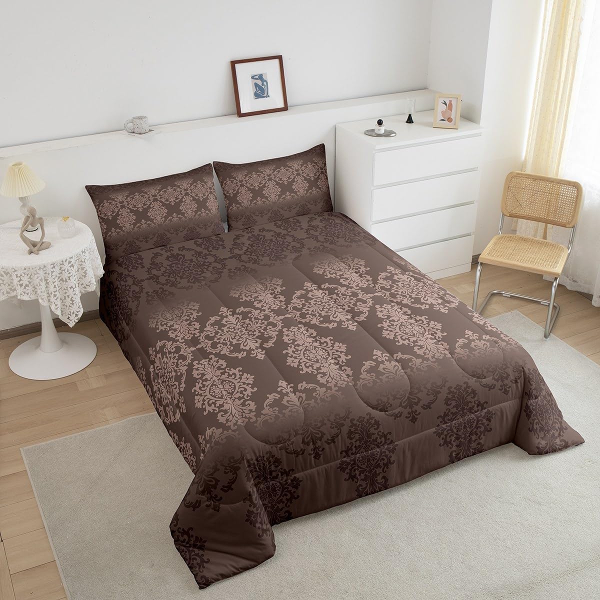 jejeloiu Brown Gothic Comforter Set Queen Vintage Paisley Damask Floral Bedding Sets for Women Girls,Antique Victorian Baroque Goth Quilt Bedding Set Bohemian Exotic Down Comforter Room Decor 3Pcs