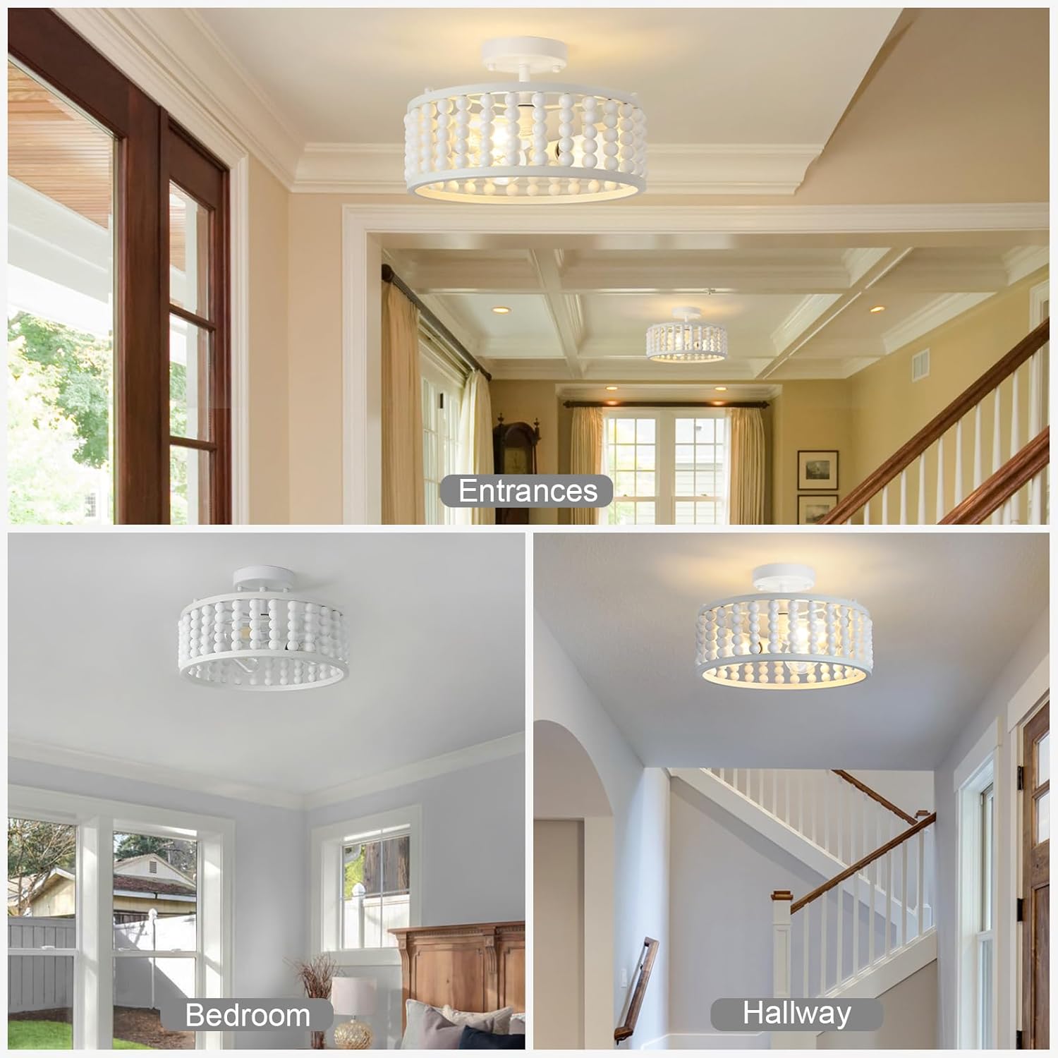 Luupyia White Beaded Boho Ceiling Light 3Lights, 12.79inches Wooden Bead Ceiling Light Fixture Mini Bohemian Chandelier Coastal Semi Flush Mount Overhead Lighting for Bedroom Hallway, E26