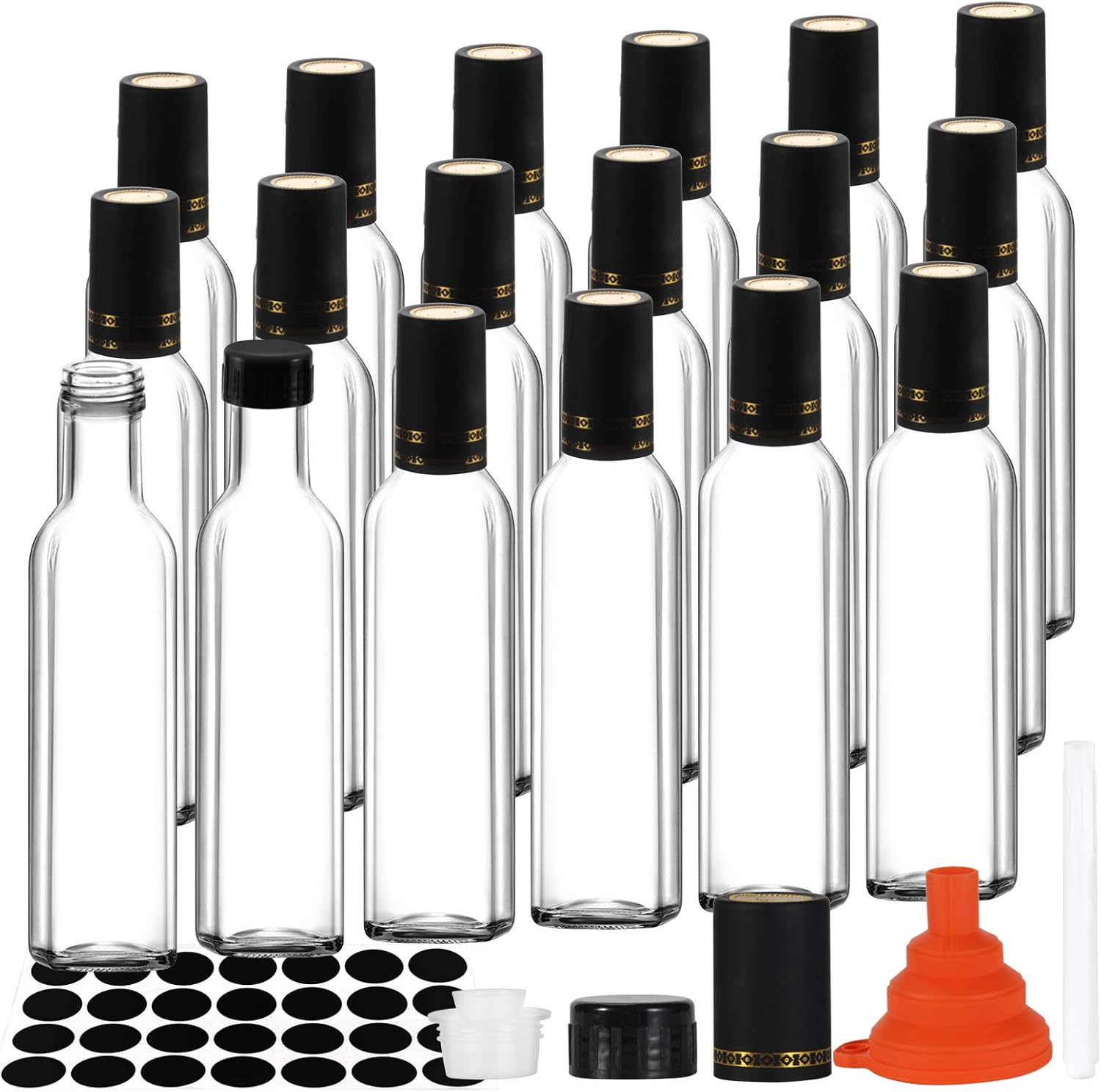 WERTIOO Hot Sauce Bottles, 18 Pack 8.5 OZ Quadra Bottles with Leak Proof Screw Caps, Glass Square Bottles With Caps Shrink Capsules for Oil, Vinegar, Syrup, Salad Dressing, Juicing