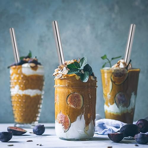 Miniatura 6 de Puntas en ángulo 5 popotes de té de burbujas reutilizables de 10 pulgadas y popotes para batidos, popote de acero inoxidable de 0.5 pulgadas de