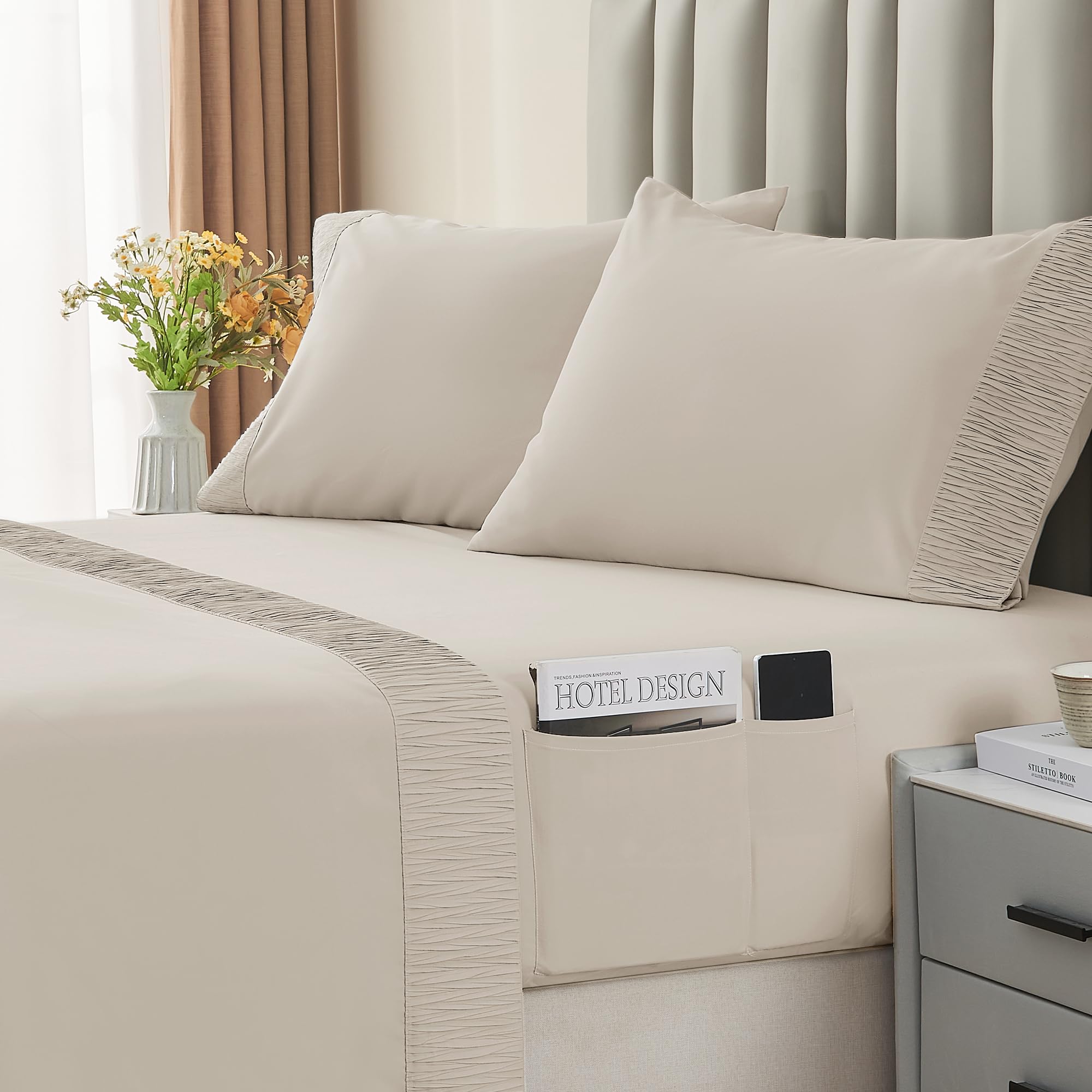 OPPODREAMQueen Sheet Set, Hotel Luxury Soft Sheet Microfiber, Elegant Ruched Hem, Deep Pocket Queen Sheet with Dual Side Storage, Queen Size 4 Piece Sheet Set, Cooling Bed Sheet Set-Beige