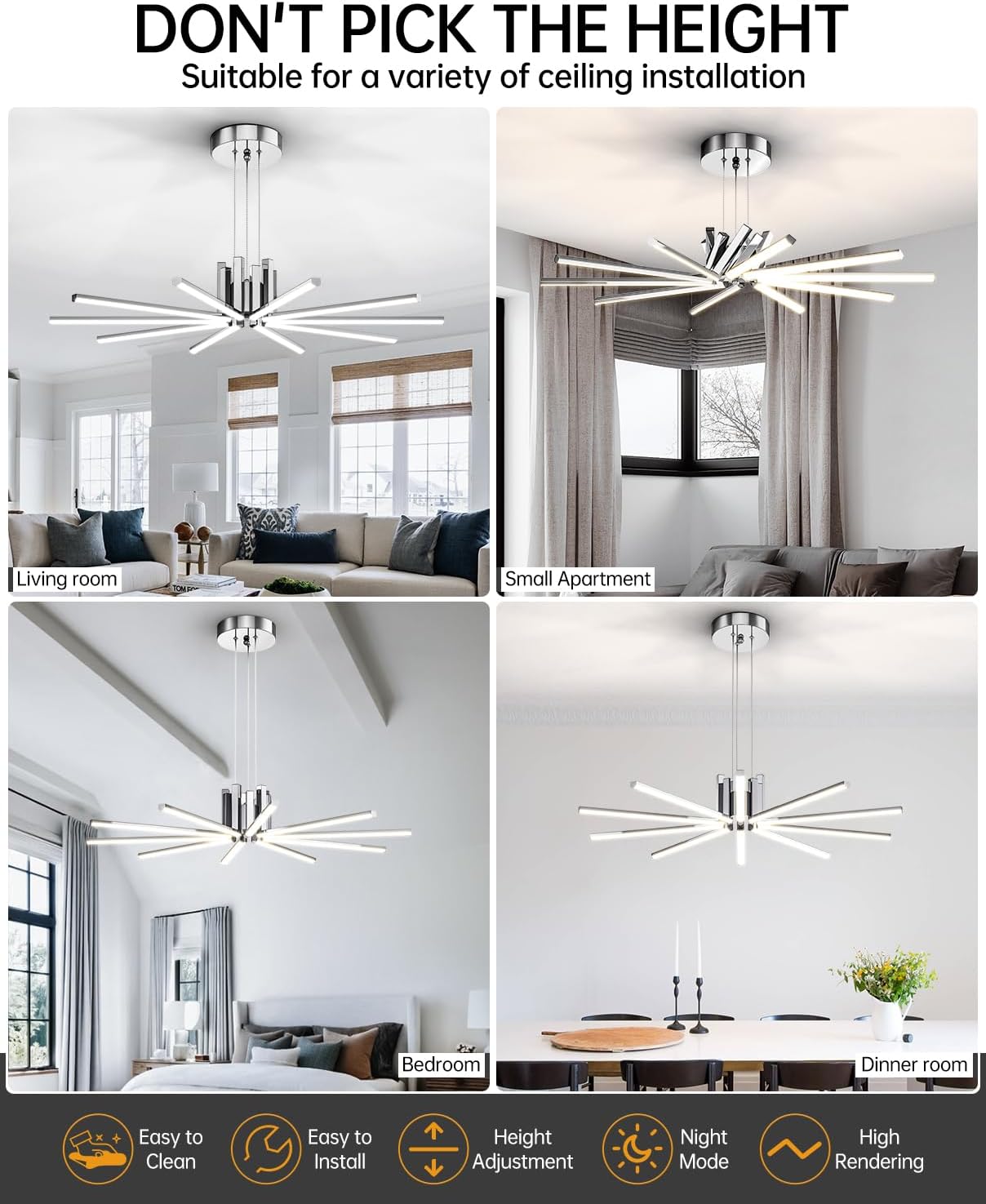 Modern Led Chandelier, Dimmable Sputnik Light Fixture with Remote Control, Modern Pendant Light for Dining Room Kitchen Living Room Entryway, 3000K-6500K (Chrome)