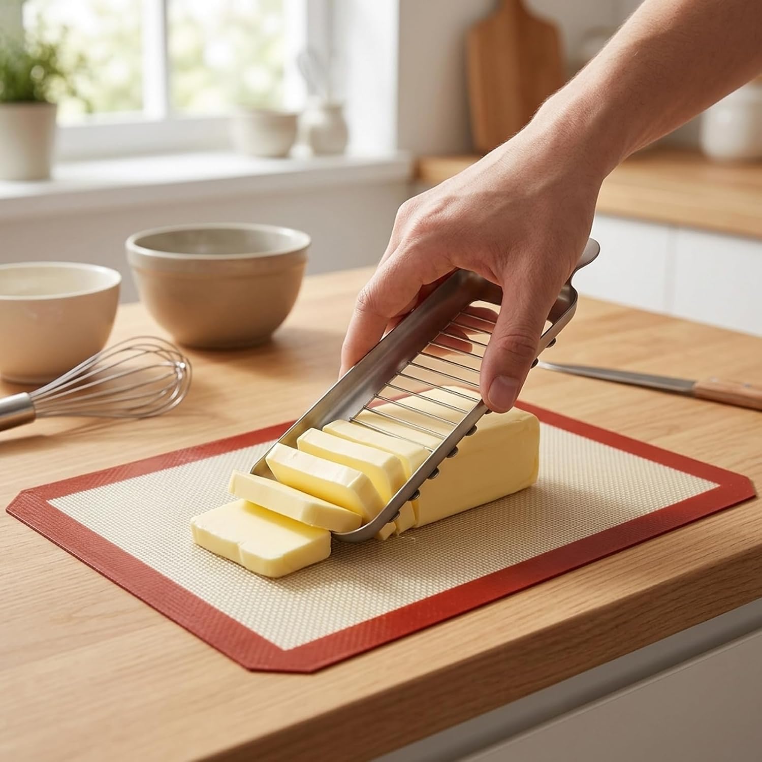 2 Butter Slicers and Non-Stick Silicone Baking Mat Butter Slicers for Butter Squares, Butter Cutter Slicer Single Stick, Stainless Steel Kitchen Tool for Butter and Cheese Slicing