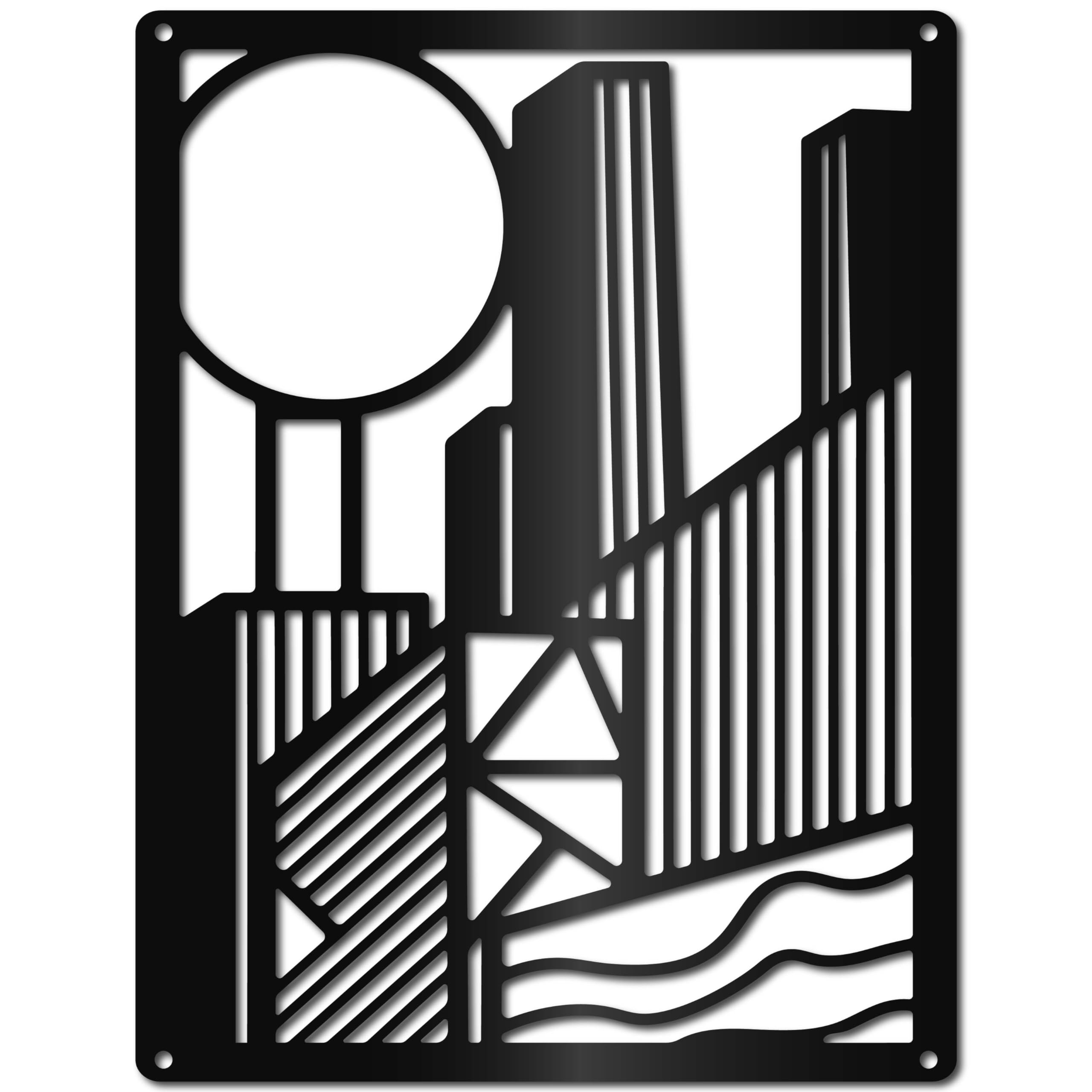 CREATCABIN Decoración Pared Metal,Arte Pared Edificio Negro,Adorno Colgante Geométrico Moderno,Escultura Abstracta Vertical,Decoración,Minimalista,para Interior,Exterior,Dormitorio,Oficina,30x23cm