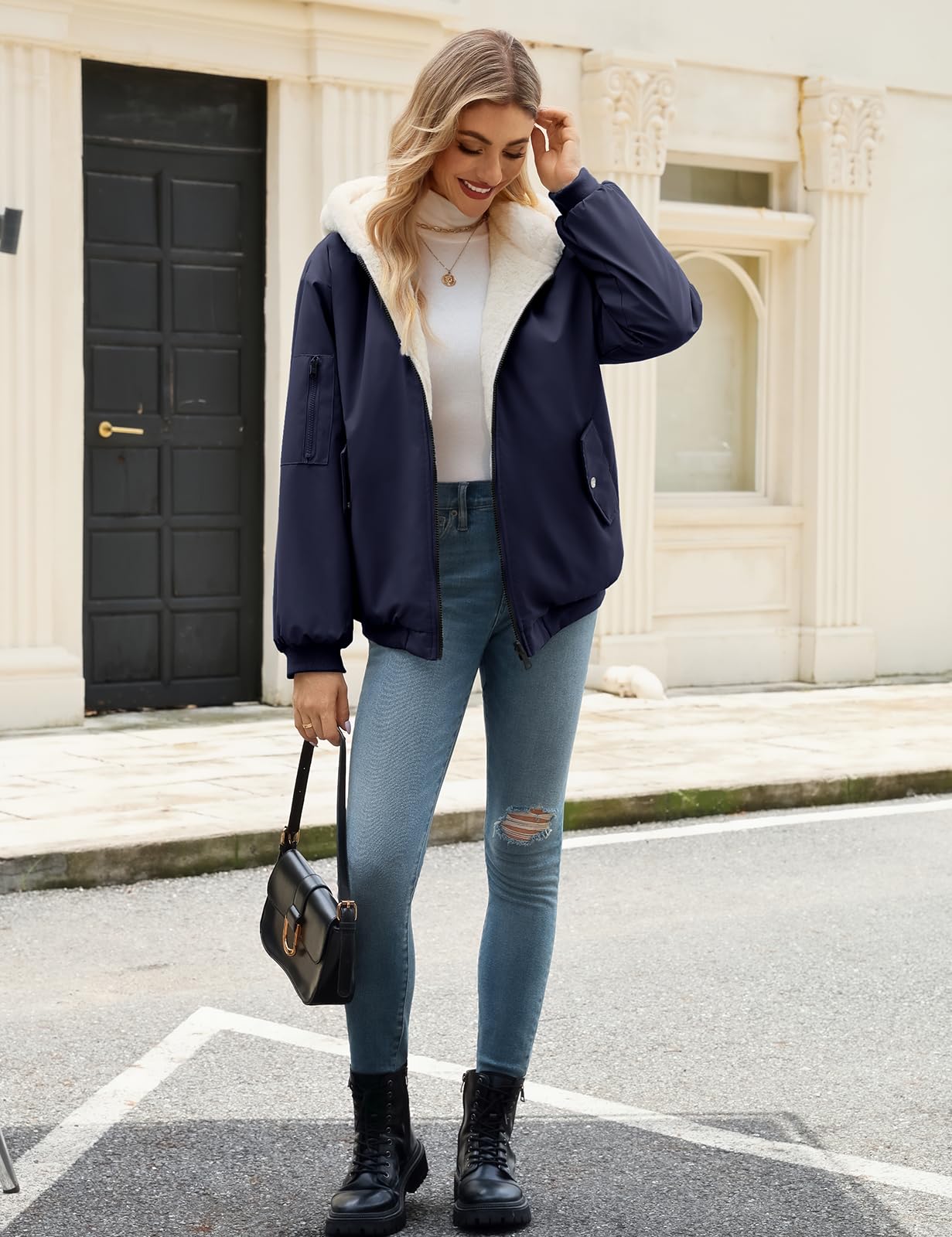 Vancavoo Chaqueta Reversible Mujer de Invierno con Capucha y Pelo Suave | Cazadora Corta con Cremallera, Puños de Canalé y Bolsillos en Ambos Lados para Uso Diario