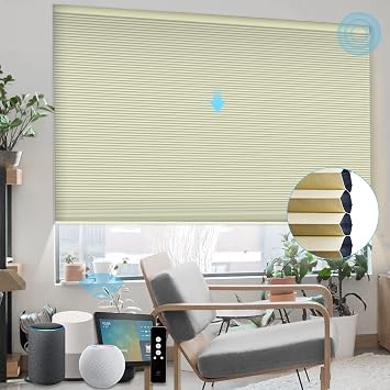 SmartWings Motorized Cellular Shade 100% Blackout Compatible with Homekit Alexa, Cordless Single Cell Electric Blinds with Remote Customized Size Smart Blinds for Windows Cream