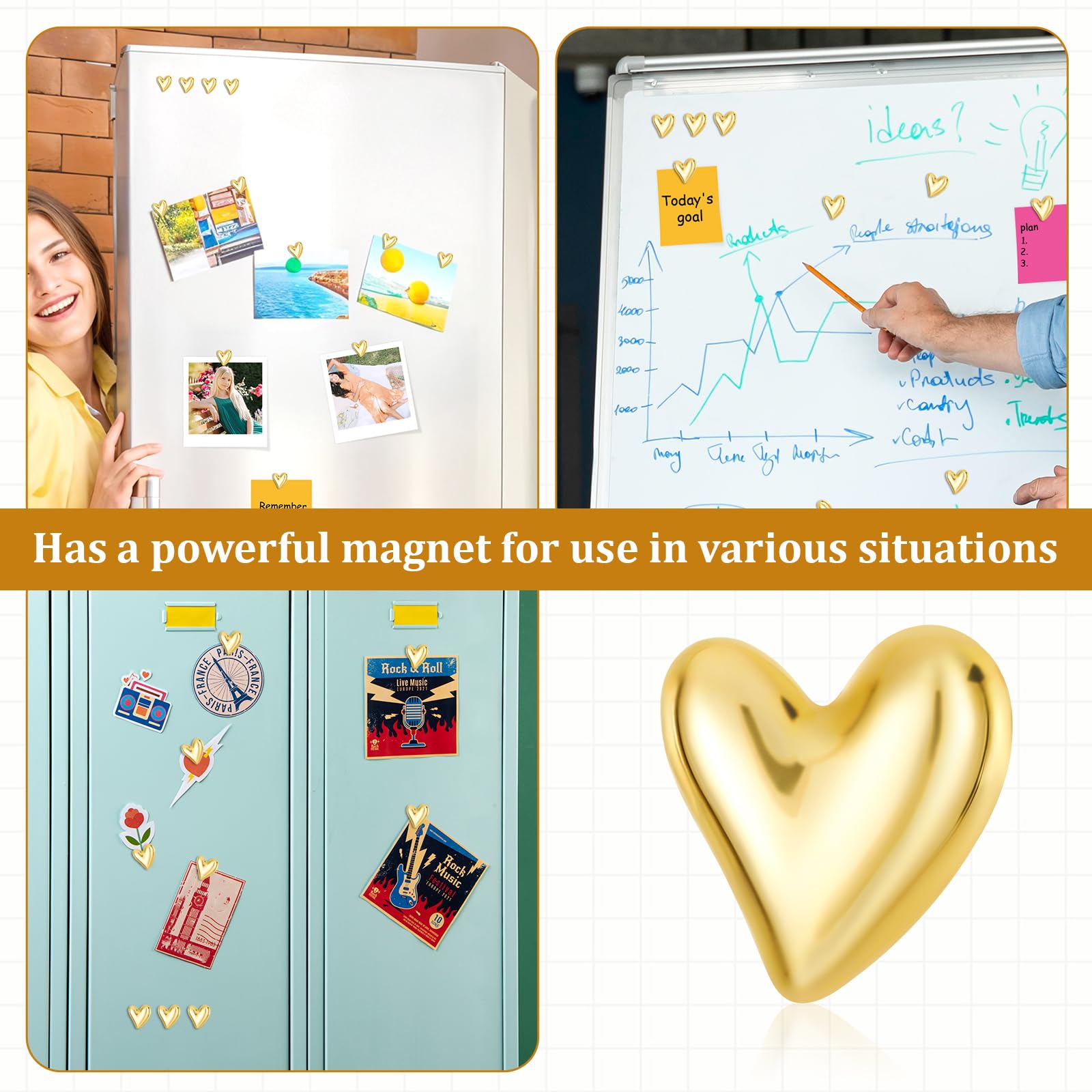 50 stuks gouden hartvormige koelkastmagneten, 3D-koelkastmagneten in hartvorm, kleine decoratieve magneten voor koelkast en magneetbord, voor whiteboard, koelkast, kalender, keuken, kantoor en