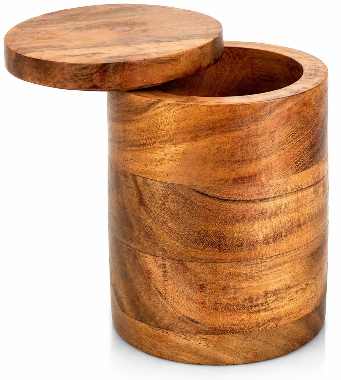 Decorative Acacia Wood Storage Jar With Wooden Lid For Dry Foods, Round Container For Cookies Coffee Tea Flour Sugar Herbs Spices Candy, Kitchen Counter & Pantry Organizer, 4x6 Inch Natural Rustic Box