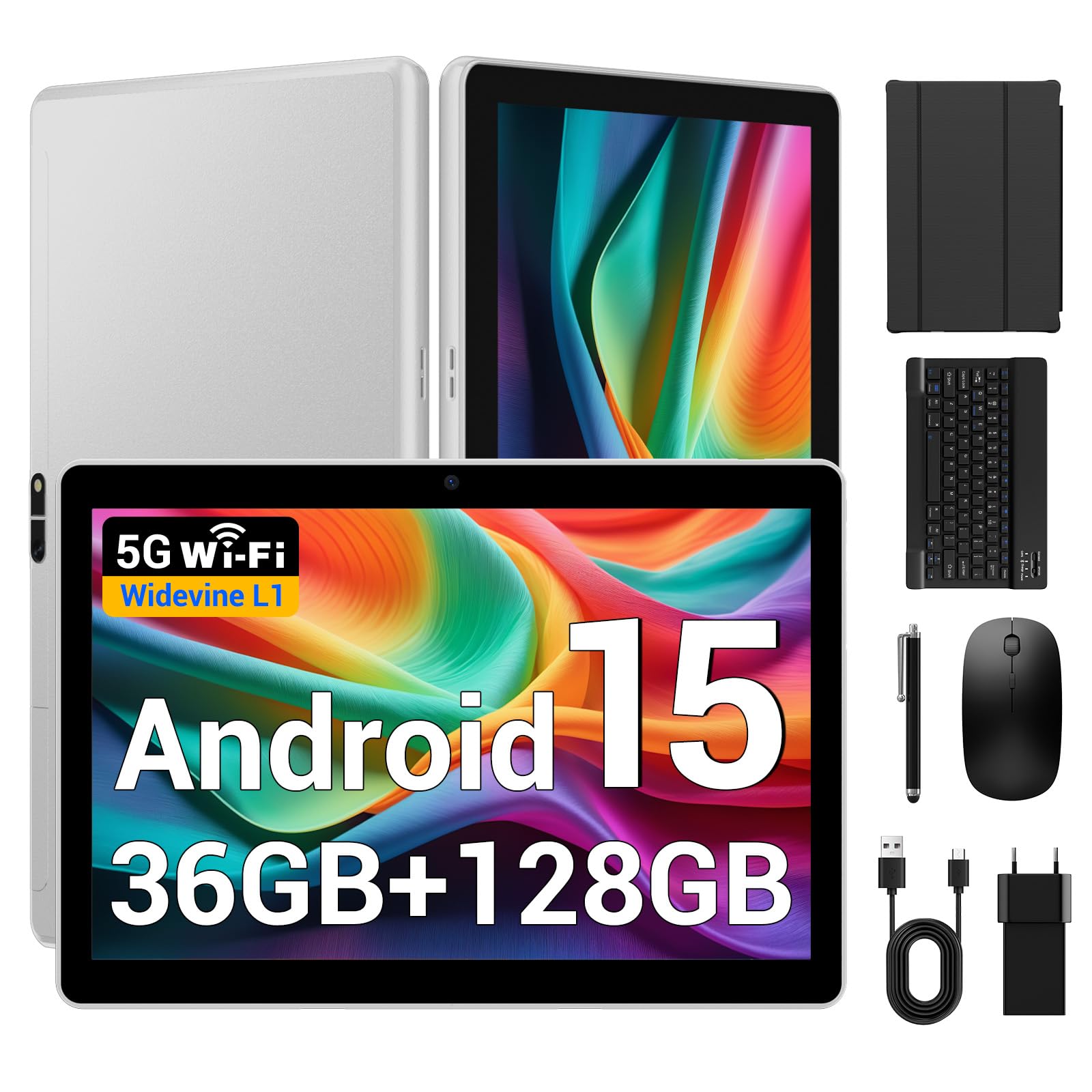 Tableta 10 Pulgadas Android 15 Tablet 5G WiFi,36GB RAM+128GB ROM/8000 mAh/BT 5.0/TÜV/USB-C,Tablet con Teclado+ Ratón + Funda,Gris