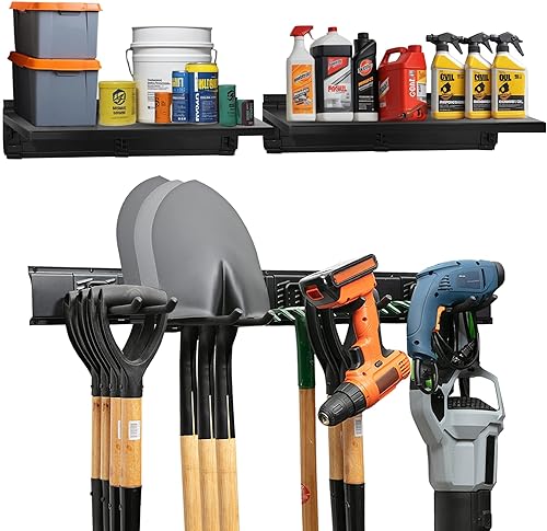 Miniatura 9 de Organizador de herramientas de garaje para montaje en pared, estante de almacenamiento resistente con ganchos ajustables, panel antioxidante, fácil