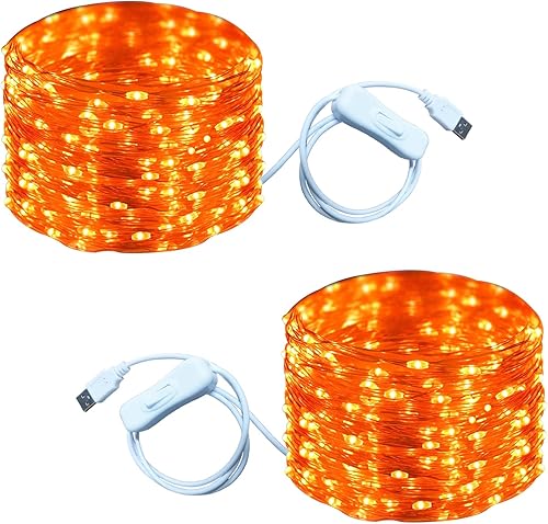 Miniatura 22 de RUICHEN Guirnalda de luces USB de 33 pies, 100 luces LED con interruptor de encendido/apagado (naranja, paquete de 2)