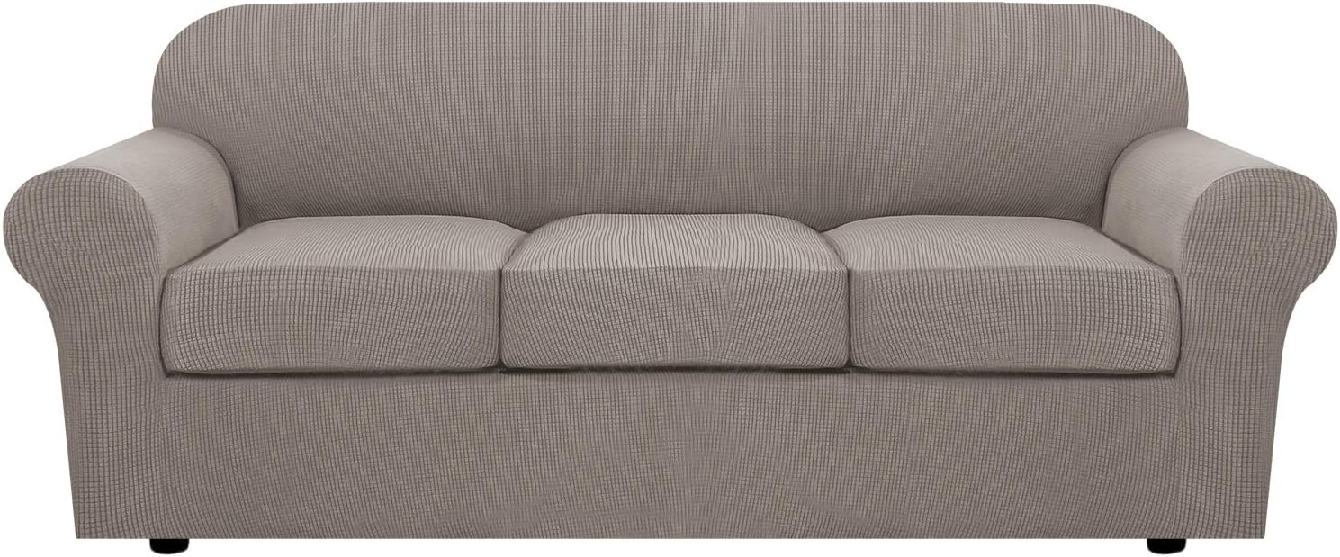 4 Piece Stretch Sofa Covers for 3 Cushion Couch Covers for Living Room Furniture Slipcovers (Base Cover Plus 3 Seat Cushion Covers) Upgraded Thicker Jacquard Fabric (Sofa, Taupe)