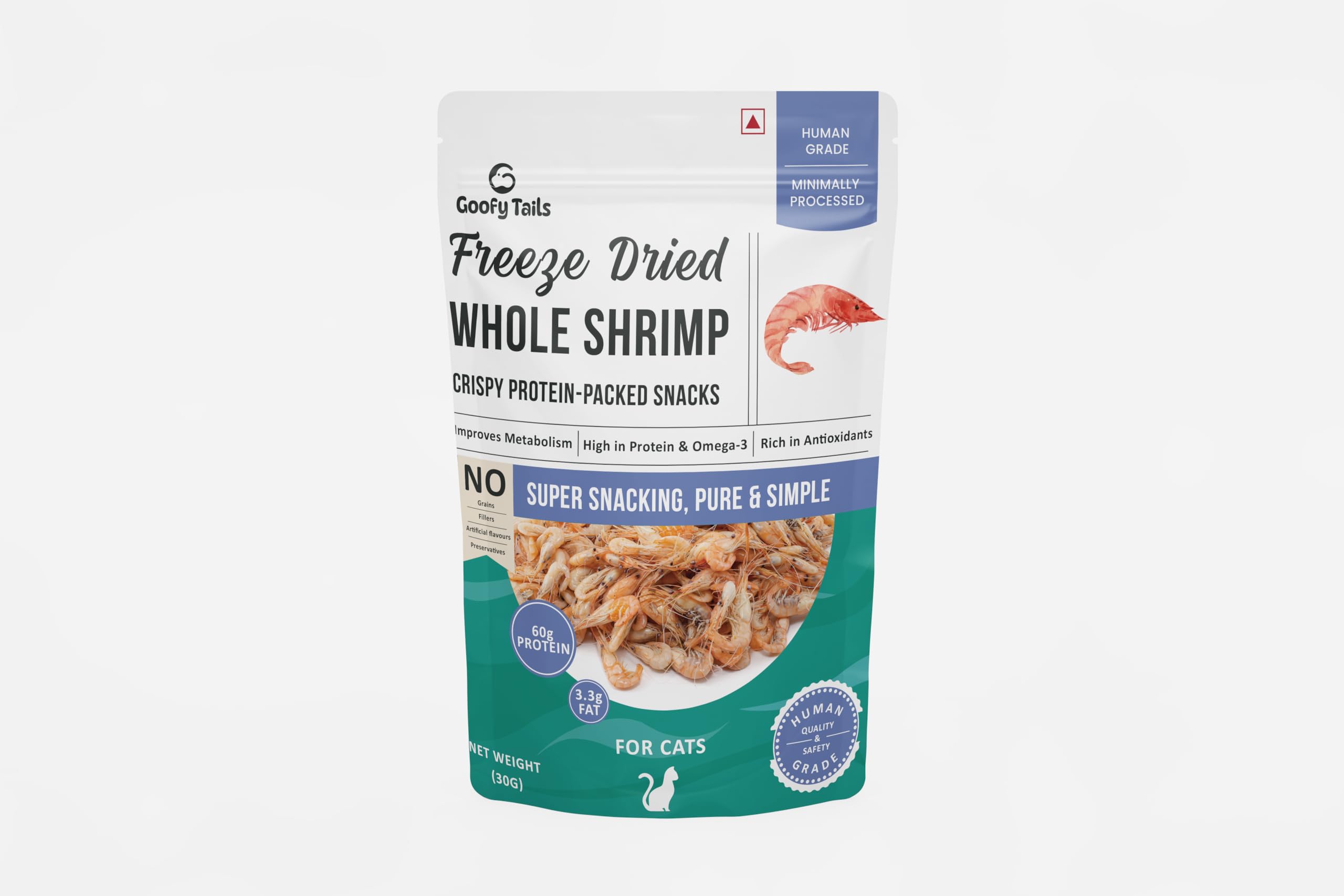 Goofy Tails Freeze Dried Shrimp Cat Treats 30g, Single Ingredient Shrimp Cat Treat, Gluten and Grain Free Treats for Cats, Protein and Omega 3, Antioxidant Rich, Easy to Digest Kitten Treat
