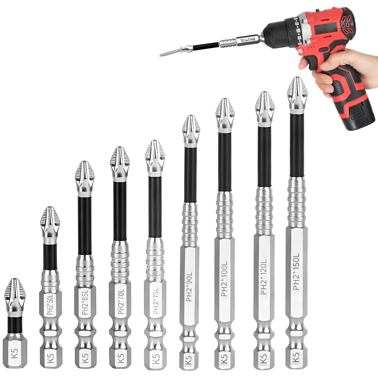 9PCS High Magnetic Screwdriver Drill Bit Set Anti-Slip Impact Electric Drills Bits Kit Strong Durability Screw Drilling Bits Precision Driver Sets Contain 25 50 65 70 75 90 100 120 150mm