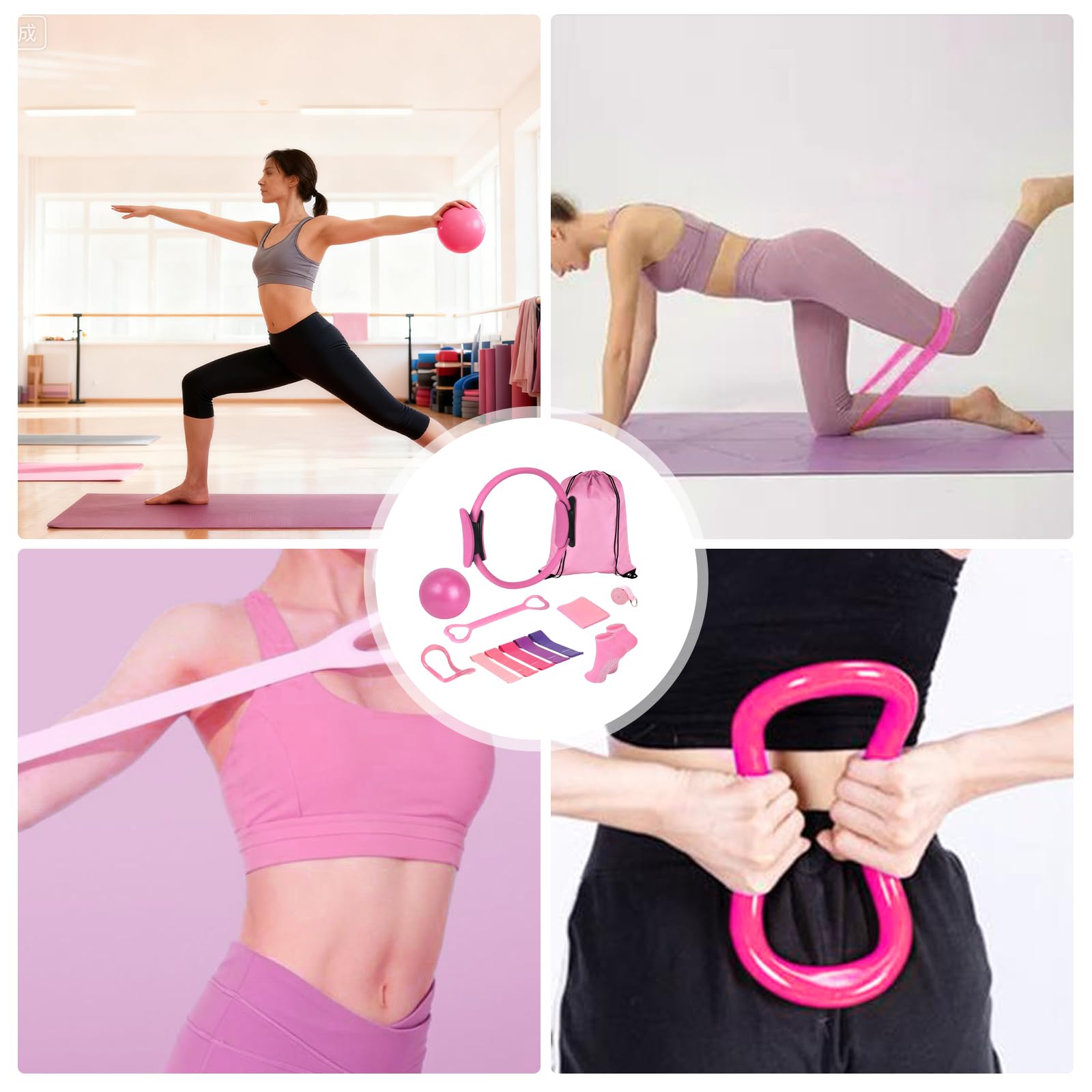 Kit de Pilates 13 Pièces, Ensemble d'Anneau de Pilates avec Ballon de Yoga, Bande de Résistance, Ceinture de Yoga, Chaussettes de Poignée
