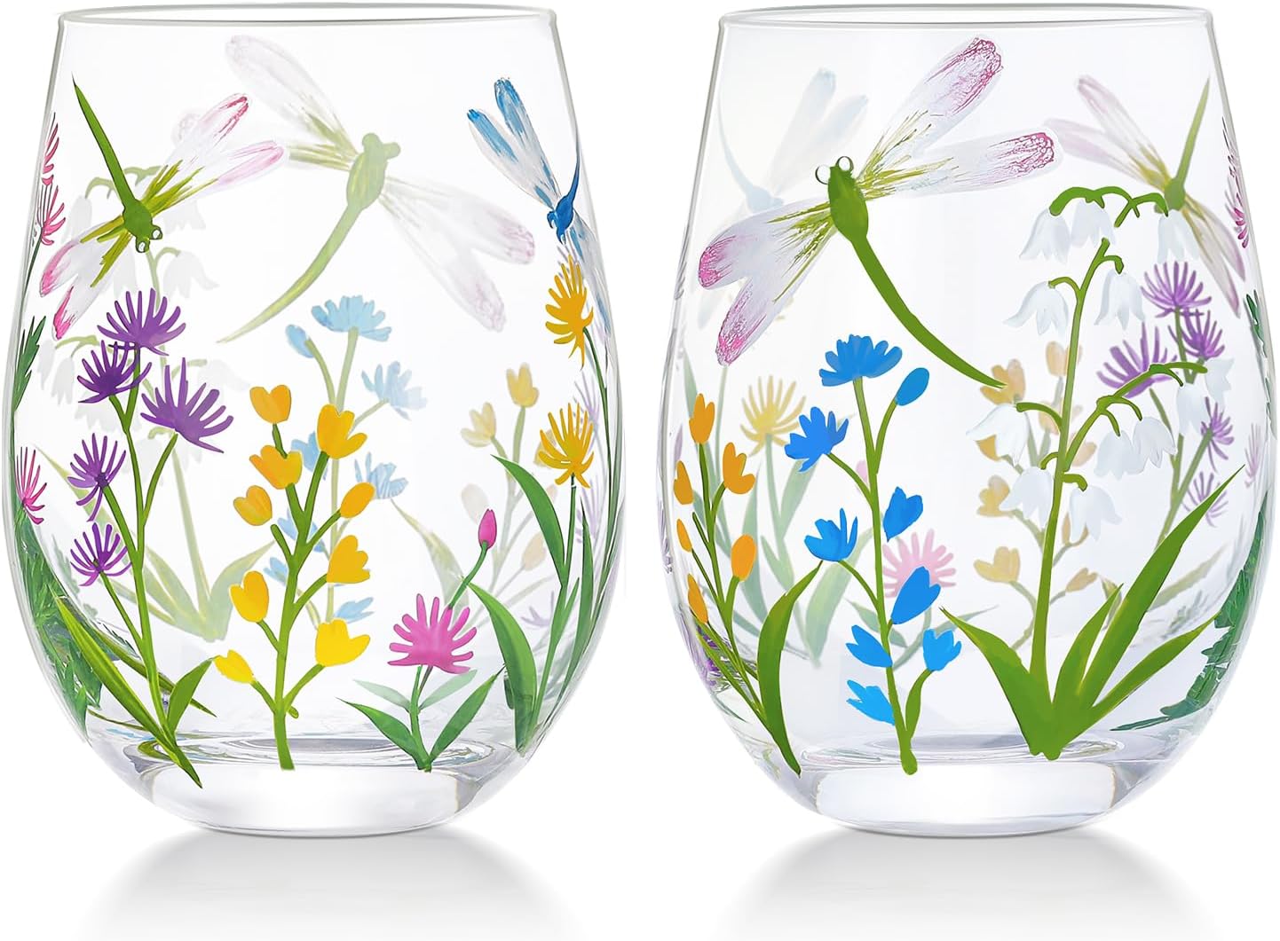 NymphFable Hand Painted Stemeless Wine Glass 18oz Set of 2 Dragonfly Flowers Wine Tumbler Personalised Birthday Gifts for Her