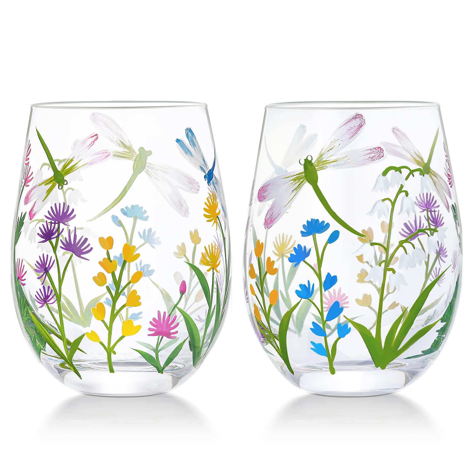 NymphFable Hand Geschilderd Stemeless Wijnglas 18oz Set van 2 Dragonfly Bloemen Wijn Tumbler Gepersonaliseerde Verjaardagsgiften voor Haar