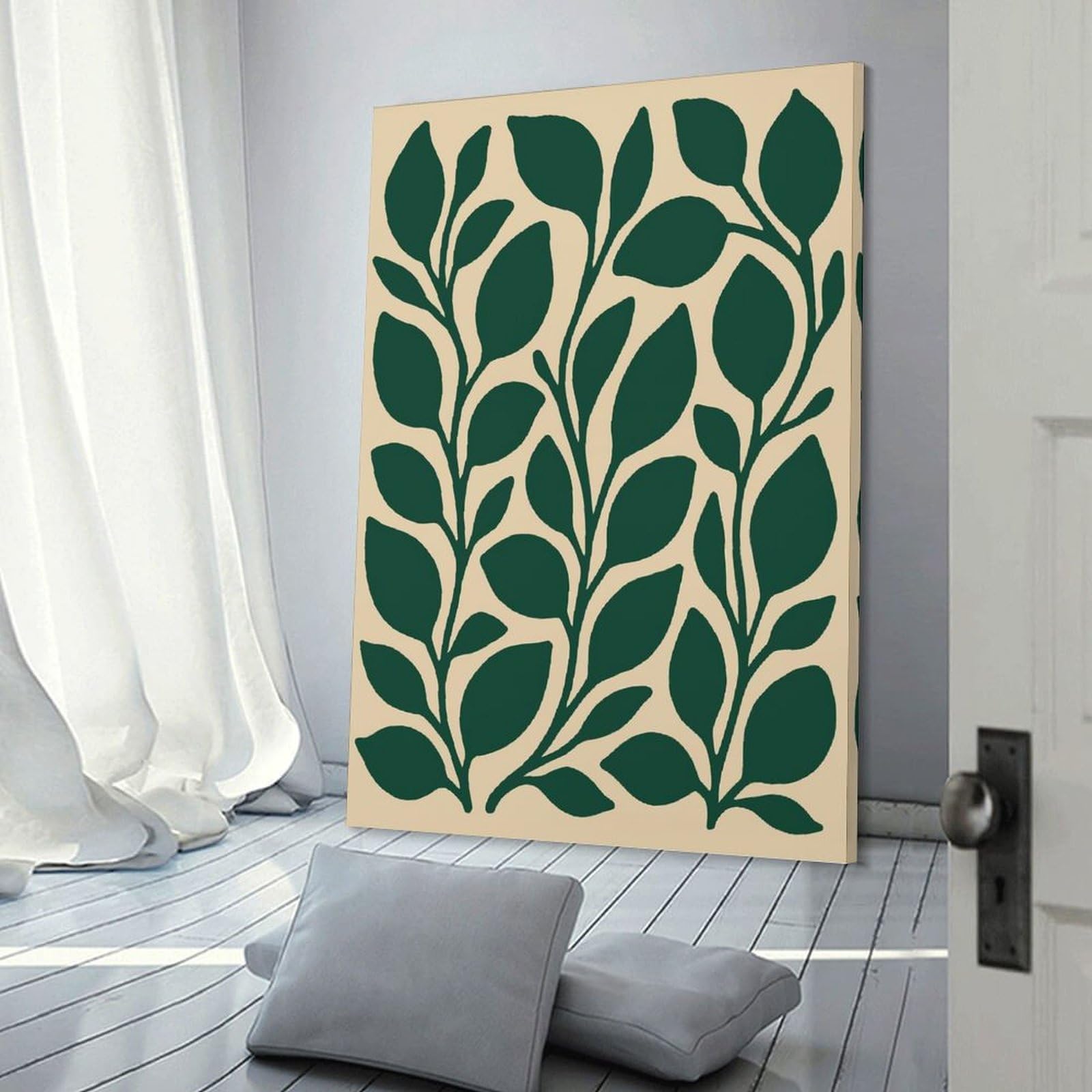Junmoney Canvas Wall Picture Dark Green Leaves on Beige Background, 20x30inch(50x75cm), for Gallery Wall Decor And Room Displays, Decorative Artwork with Flexible Styling