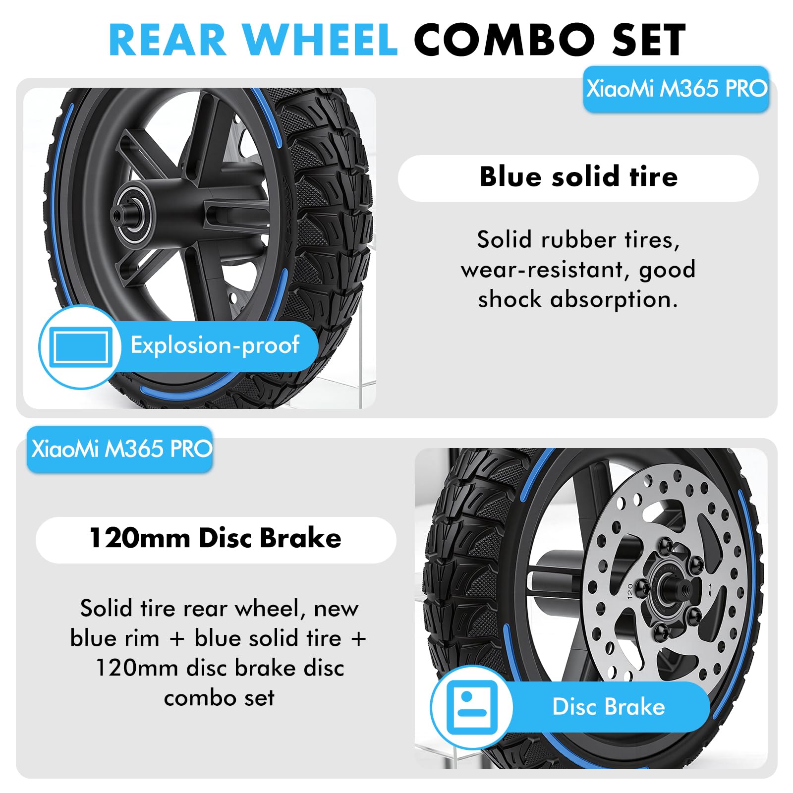 BuyWeek Roue arrière de trottinette électrique en caoutchouc plein avec frein à disque de 120 mm pour Xiaomi M365 PRO, anti-explosion, résistant à la pression, amortisseur de chocs