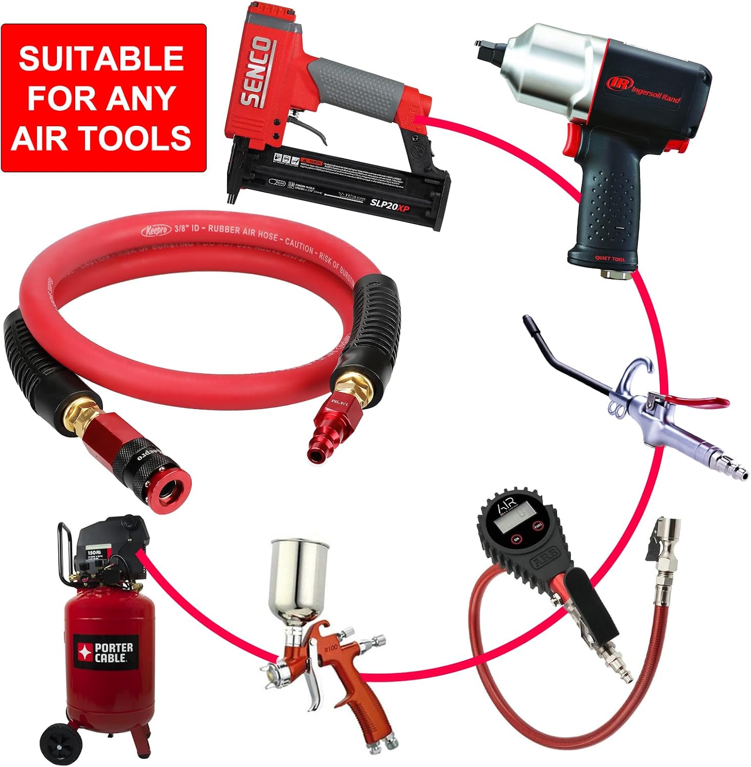 Keepro Rubber Air Hose, Durable Air Compressor Hose 3/8 Inch ID By 3 Feet Long with Swivel Universal Aluminium Quick Coupler and Plug, 300 PSI Maximum Pressure, Red