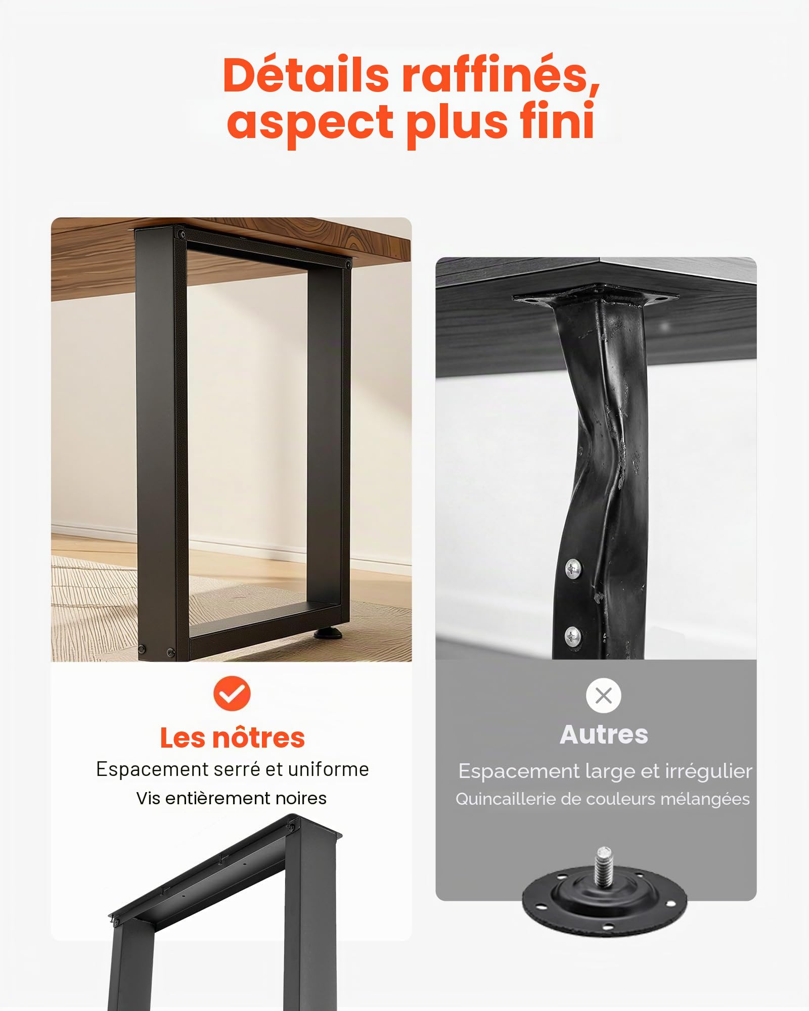 VEVOR Pieds de Table Rectangulaires 750x600 mm Lot de 2 Pieds de Bureau en Acier au Carbone, Charge Max. 1000 kg pour Table à Manger, Bureau, Établi, Plan de Travail et Table de Bar, avec Patins, Noir