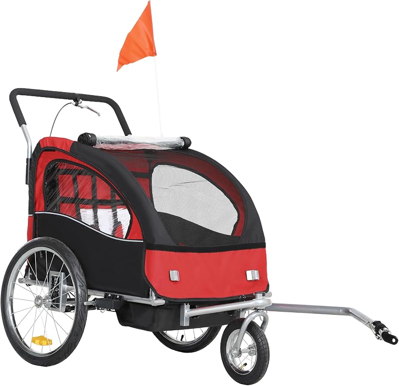 HOMCOM 2 Seat Bike Trailer for Kids, Baby Bike Stroller with 5 Point Harness, Child Bicycle Trailer with Safety Flag, Reflectors, Windproof Curtain, for 18+ Months, Red
