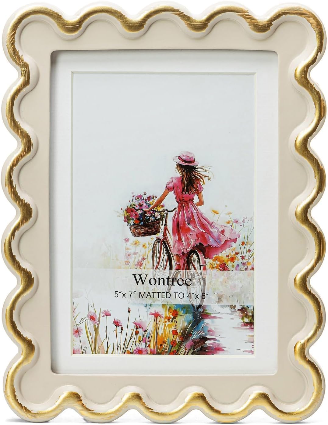 5x7 Picture Frame in Beige with Shinning Gold Wavy Edge, Resin Frame with Real Glass, Display 5x7 Photos Matted to 4x6, Vertical and Horizontal Desk Tabletop or Wall Hanging