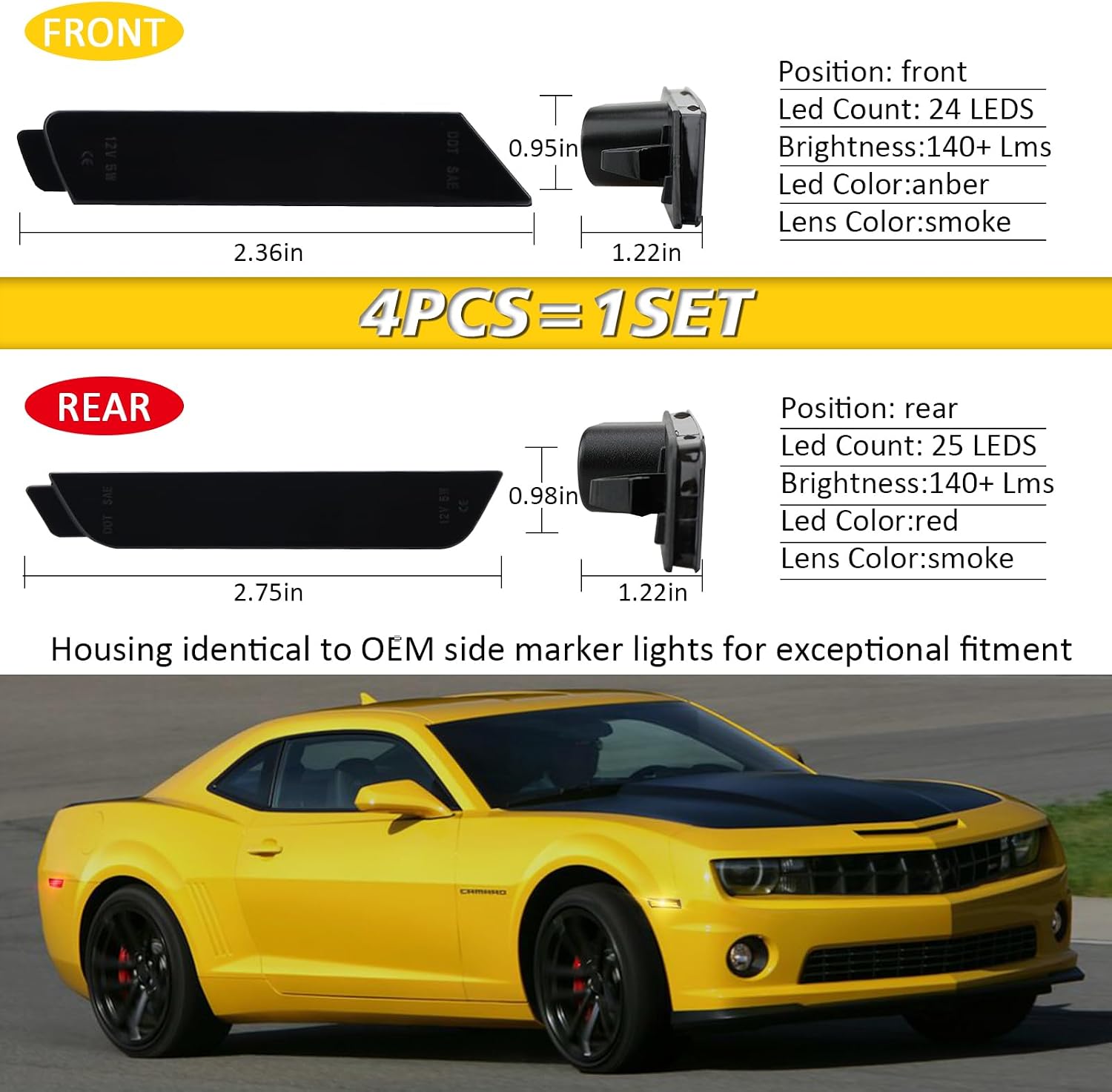 Bestview Smoked Lens LED Side Marker Lights for Chevy Camaro 2010-2015, Front Rear Bumper Sidemarker Lamps Reflectors, Amber & Red(4 PCS)