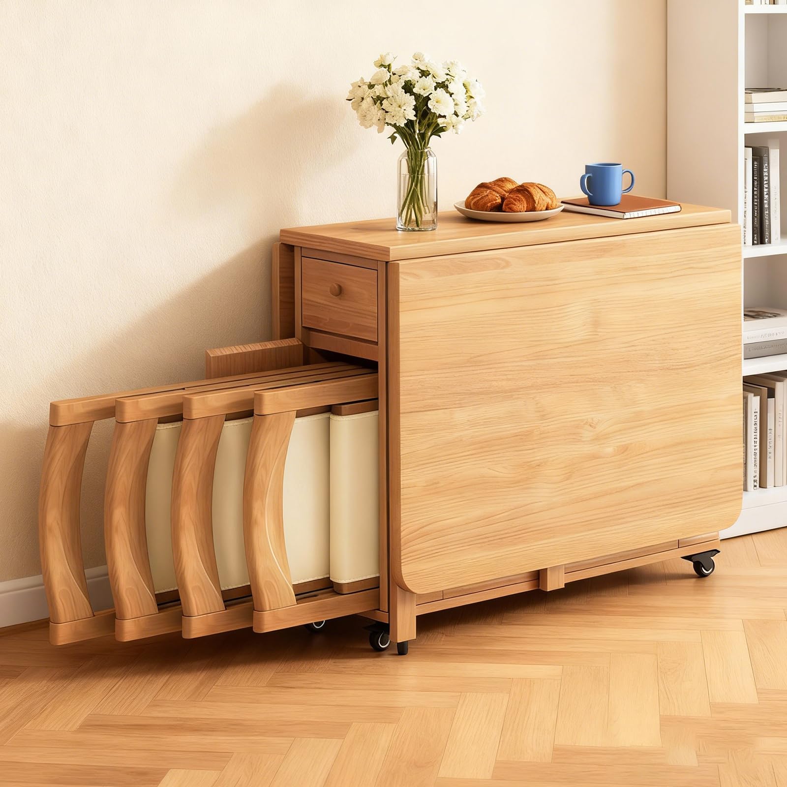 Drop Leaf Ensemble table de salle à manger avec 6 chaises, table de cuisine pliable sur 4 roues, table en bois extensible pour petit espace, salon, cuisine de ferme