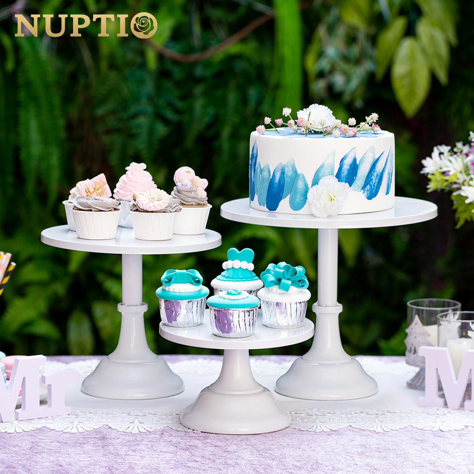 NUPTIO Présentoirs à Gâteau 3 Pièces Rond: Métal Support à Gâteau 3 Niveaux Blanc Plateaux Doré Brossé Desserts Simple Design